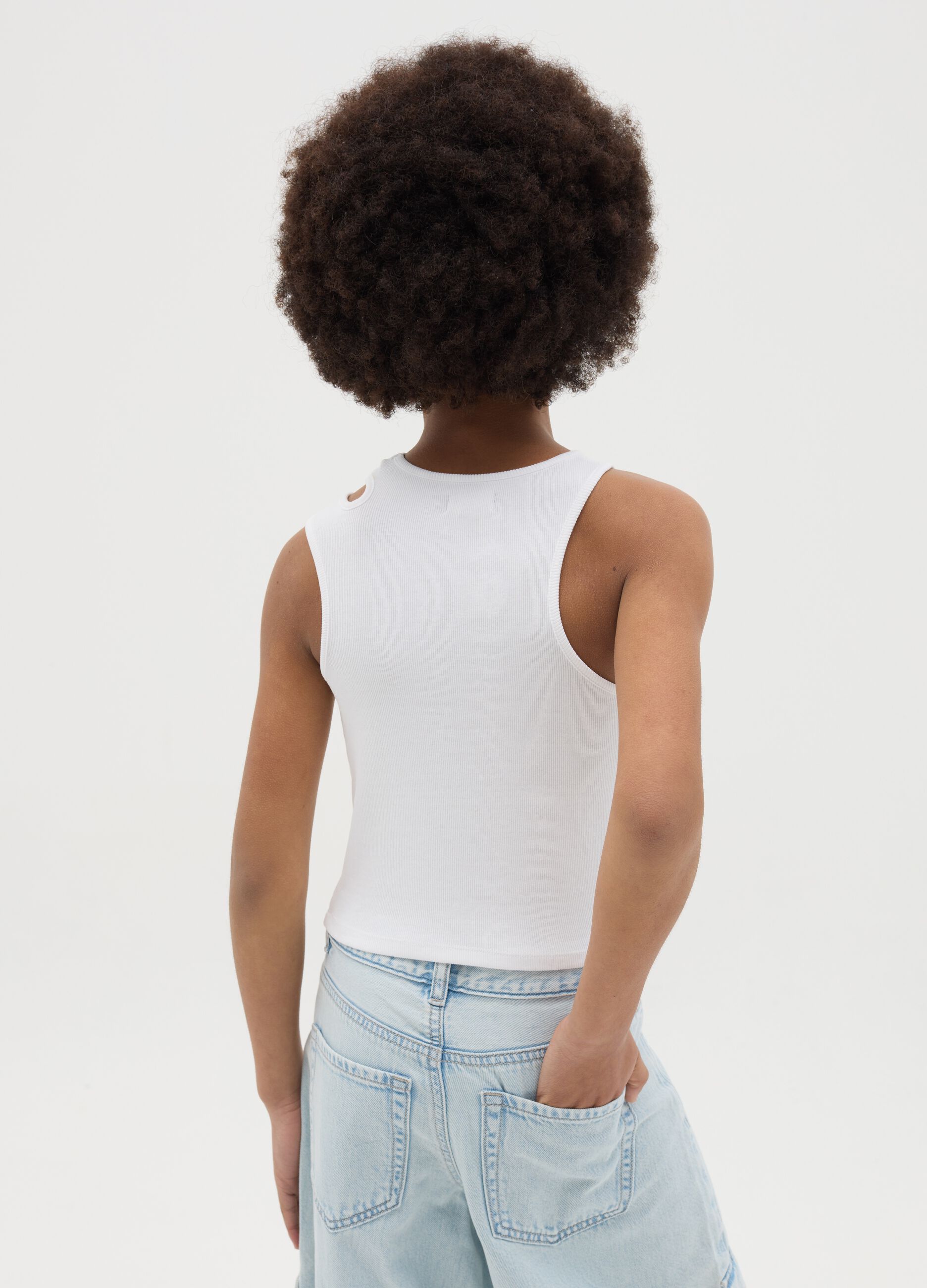 Ribbed white tank top with cut-out detail