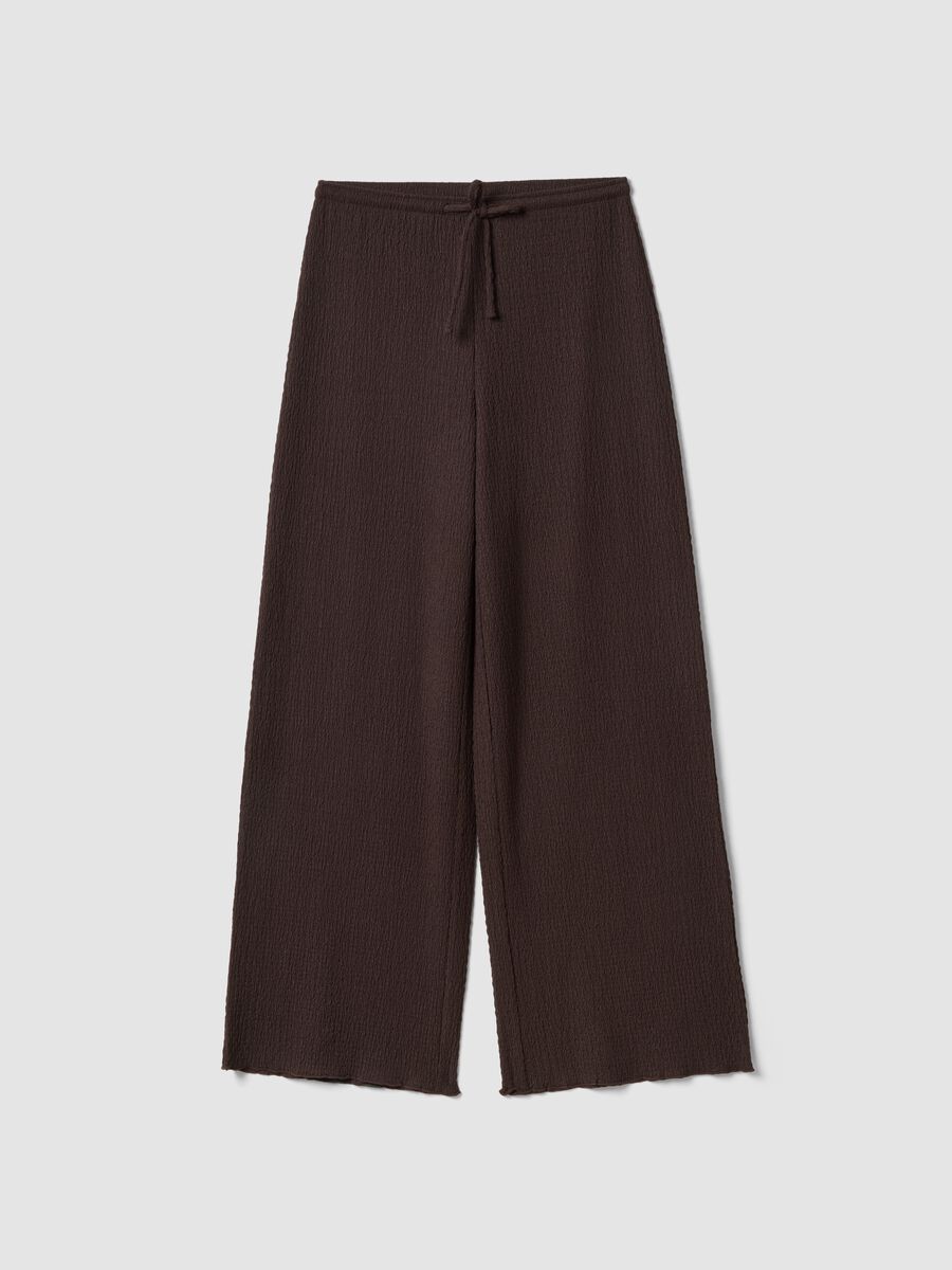 Brown stretch wide-leg trousers with crinkled texture_0