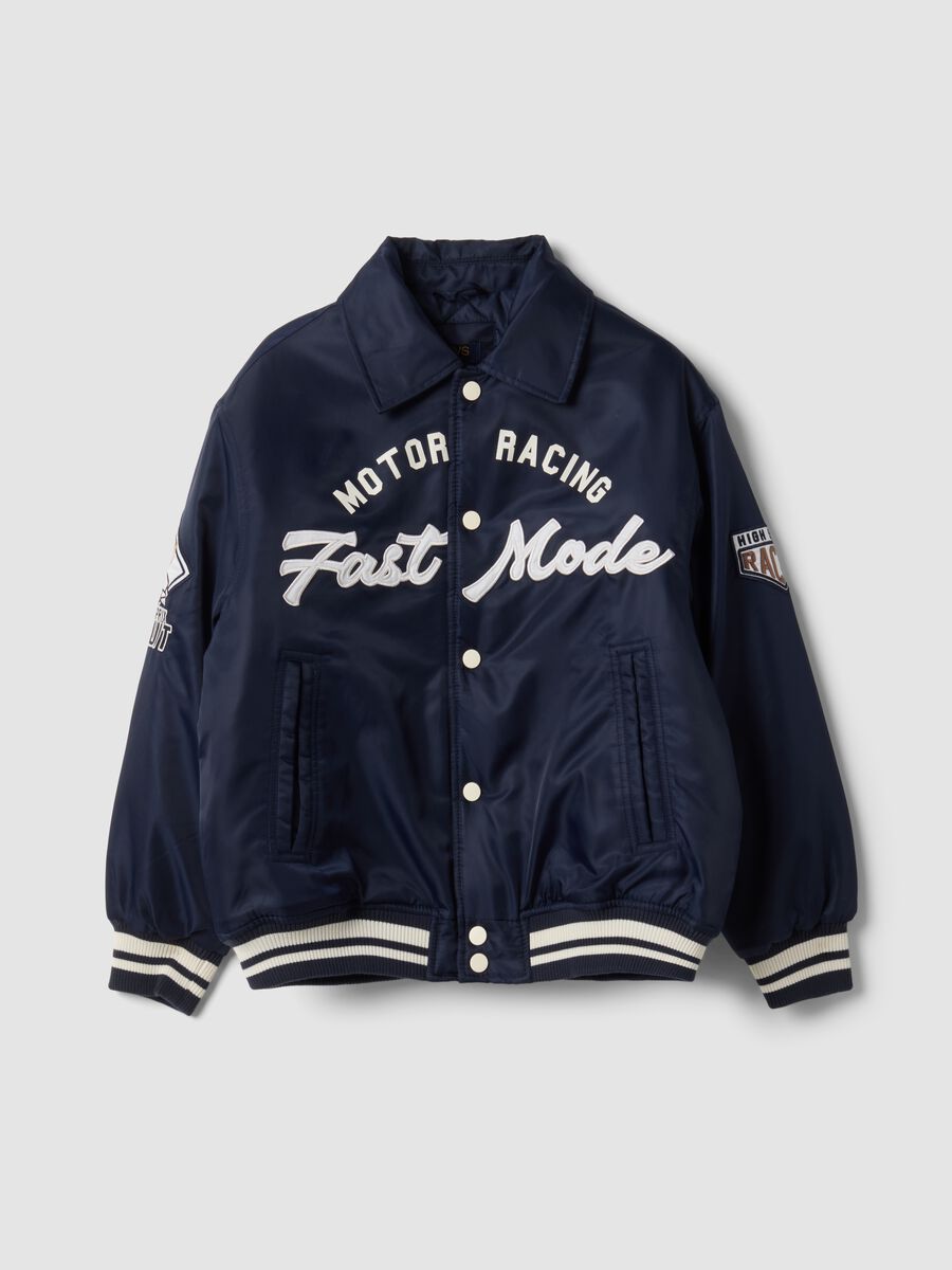 Blue varsity jacket with zip and racing print_0