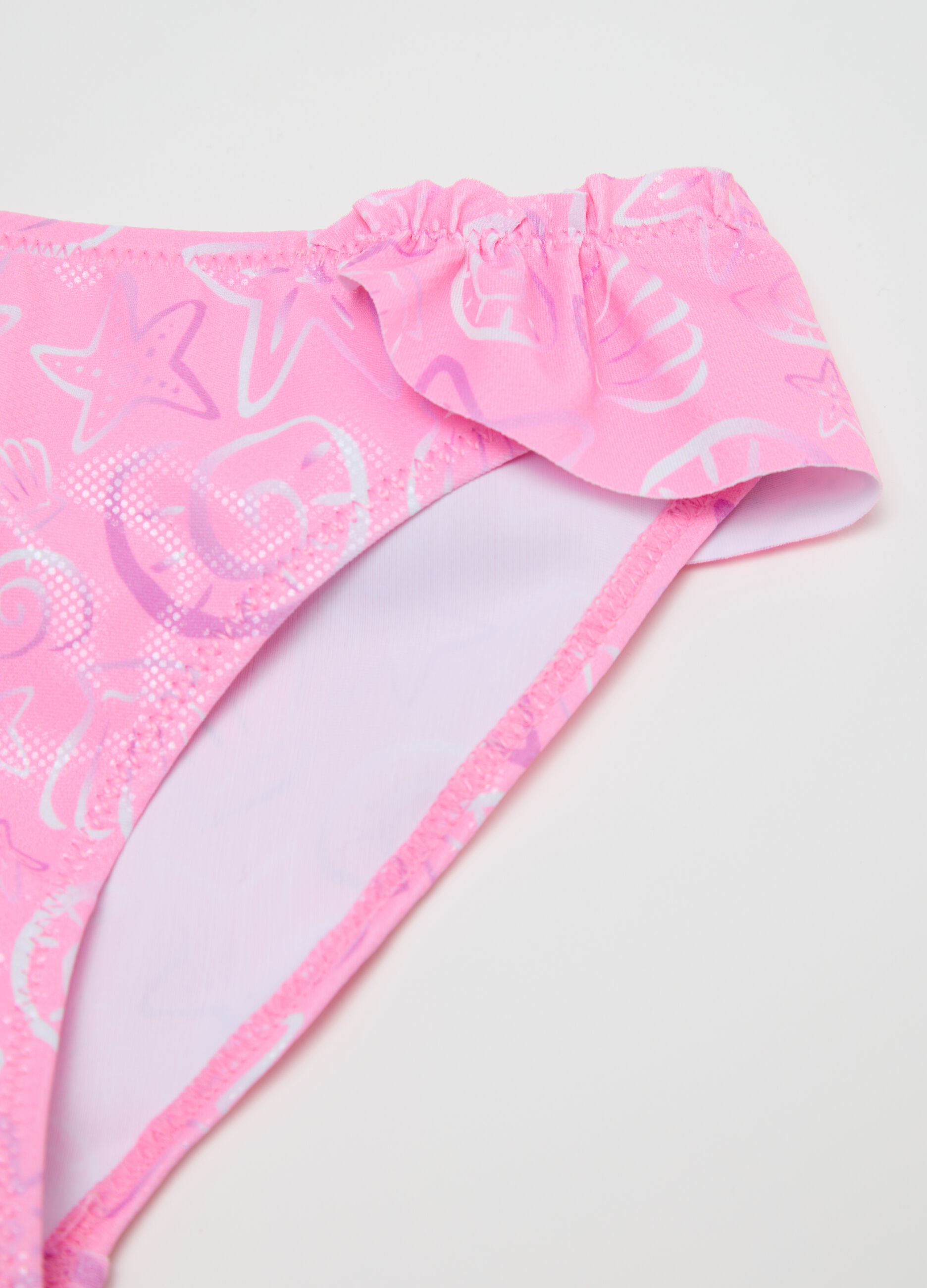 Bikini da bambina in tessuto elasticizzato rosa con ruches e stampa Disney 