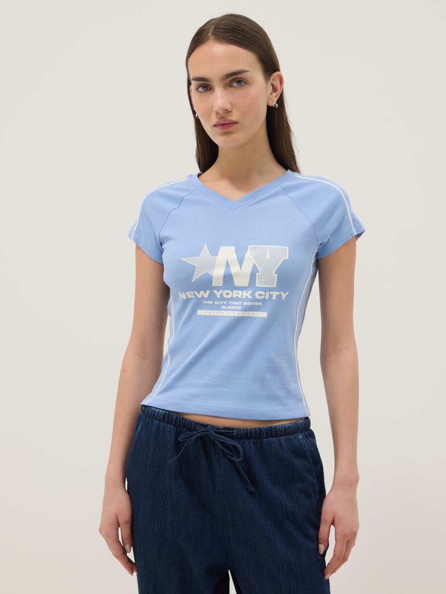 Blue pure cotton slim fit V-neck T-shirt with print_1