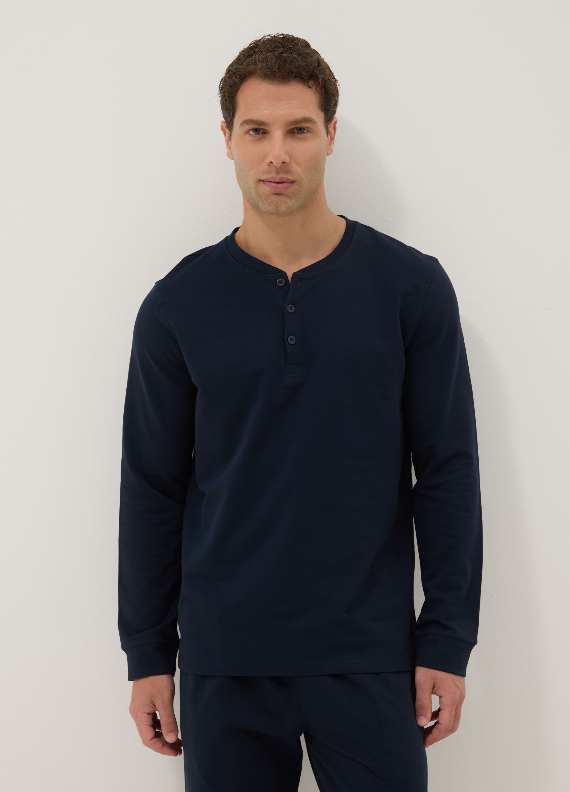 Blue long pyjama in pure cotton, regular fit with Henley collar