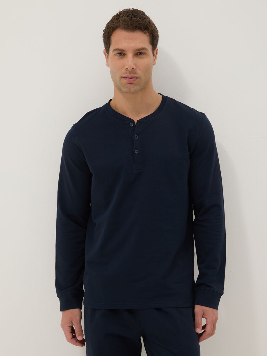 Blue long pyjama in pure cotton, regular fit with Henley collar_1