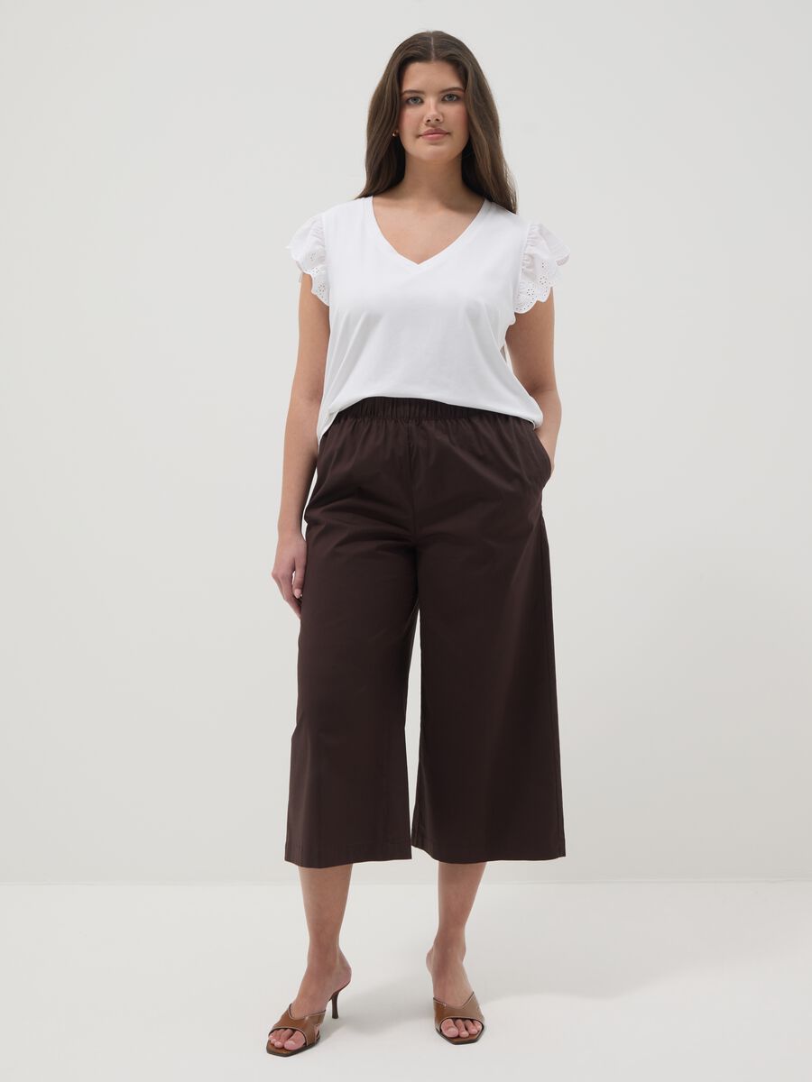 White stretch cotton T-shirt with broderie frill sleeves, regular fit_1