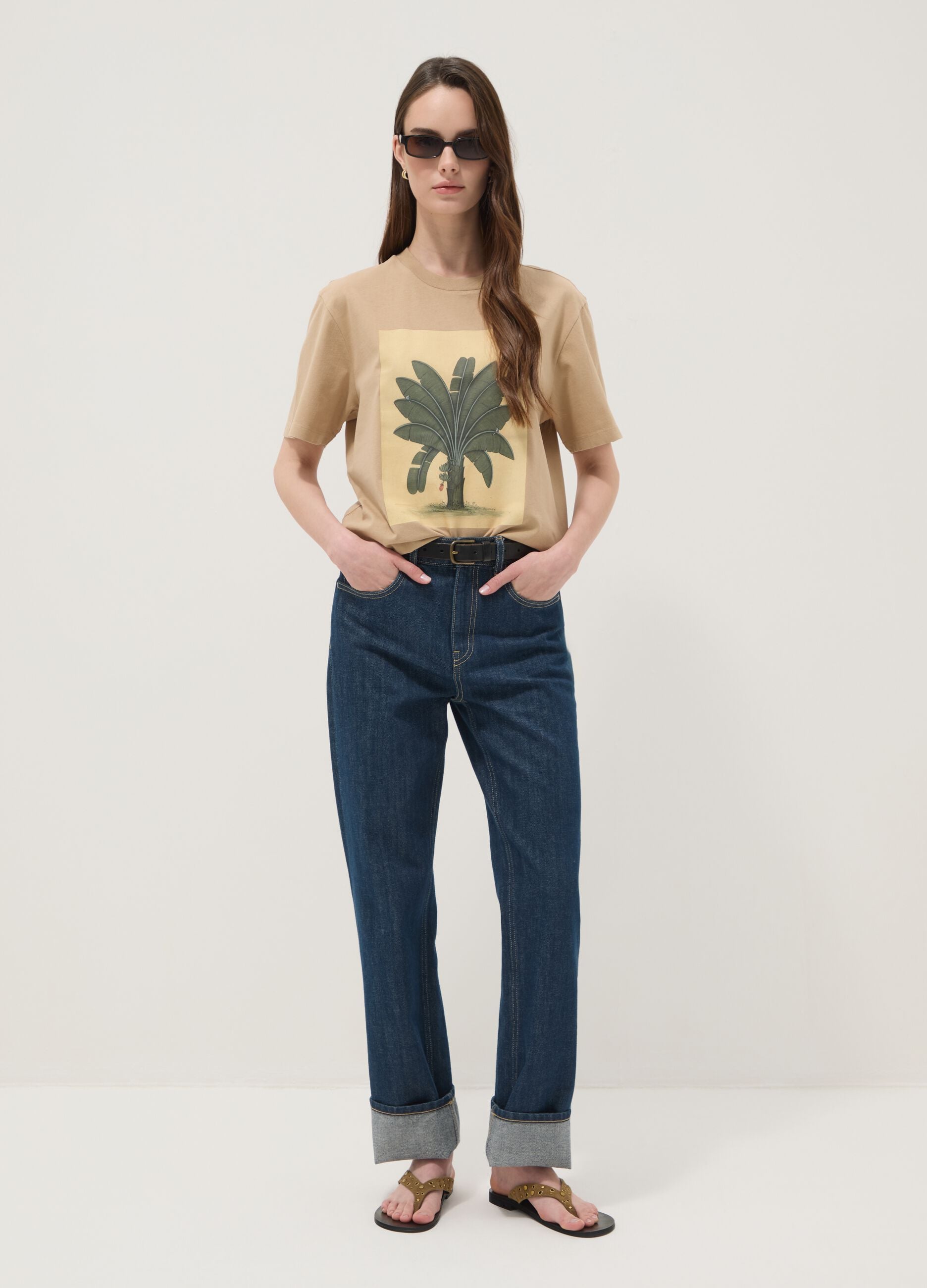 Beige pure cotton T-shirt with front print