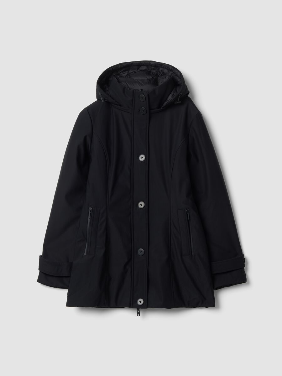 Parka nero con cappuccio in tessuto elasticizzato regular fit_0