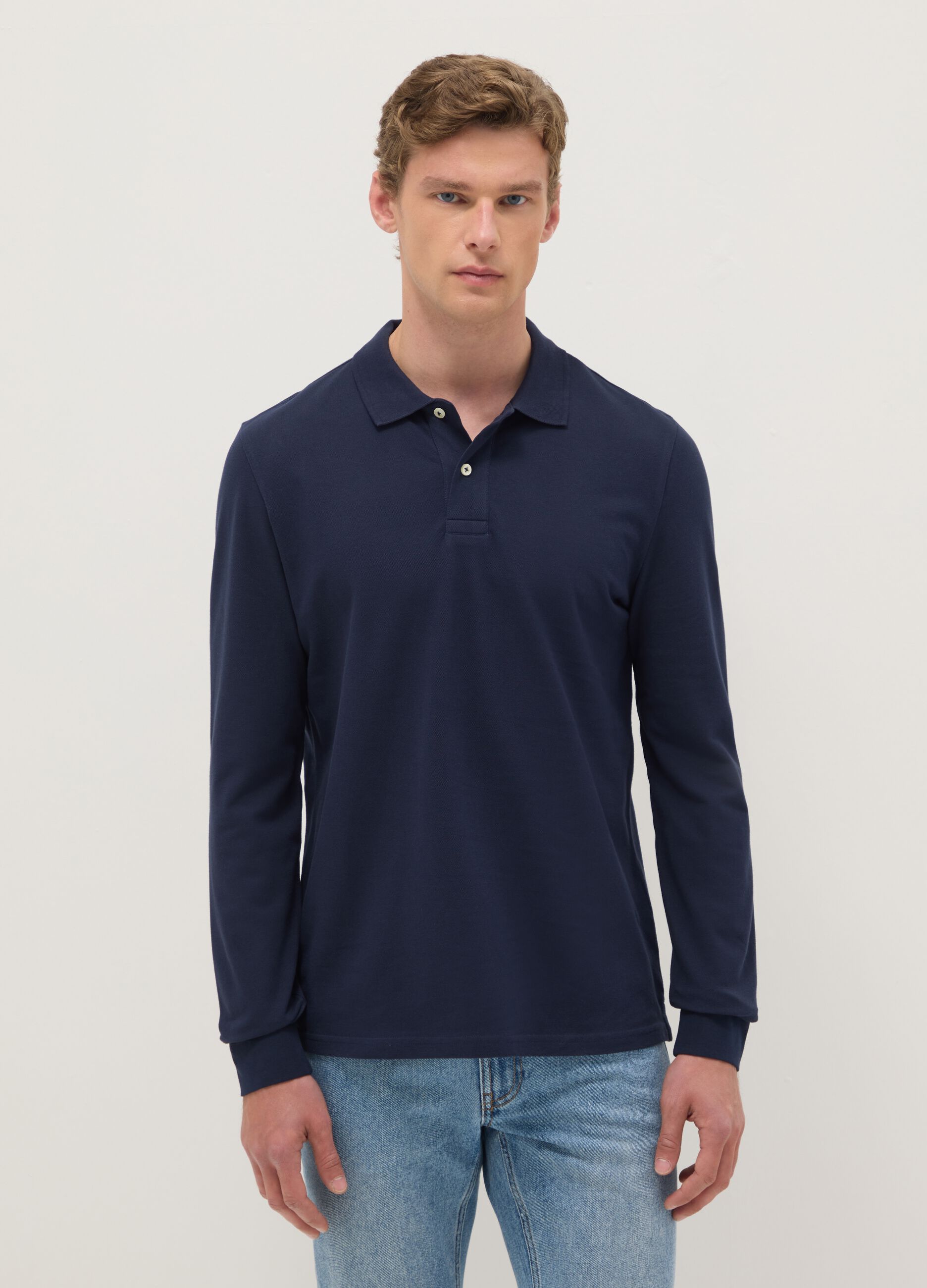Long-sleeve blue polo shirt in pure cotton regular fit