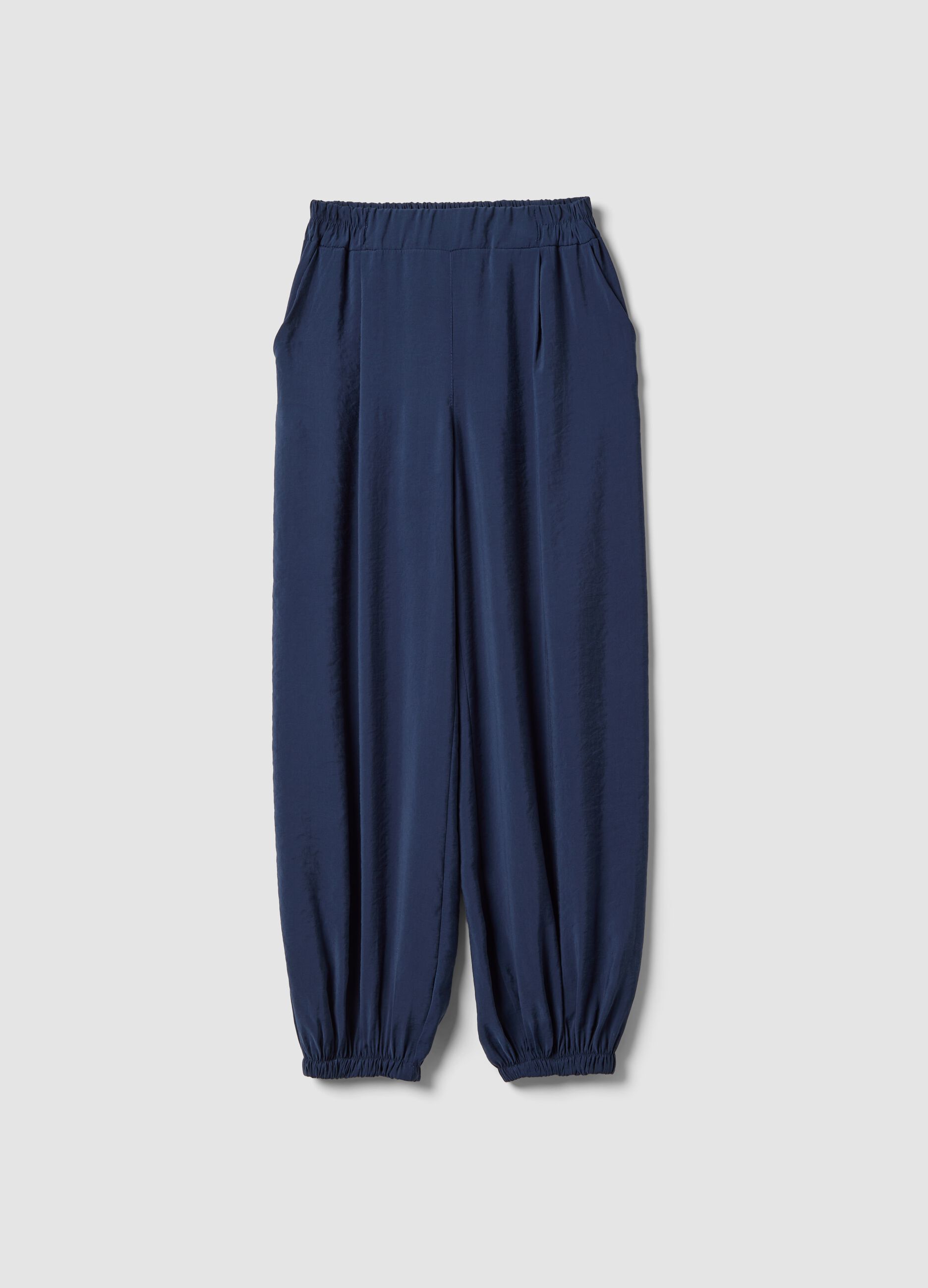 Blue viscose-blend trousers with elasticated cuffs, regular fit