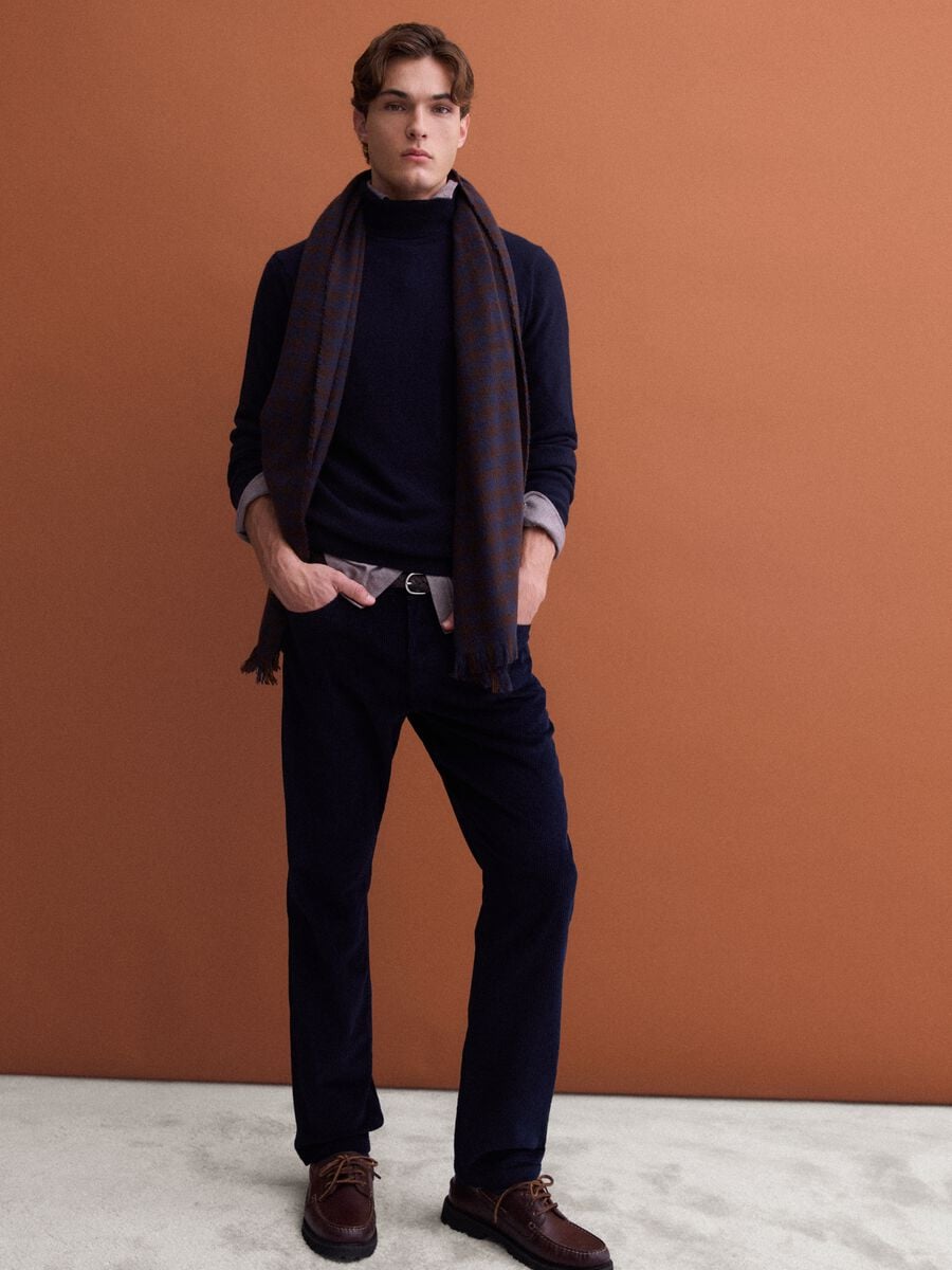 Navy ribbed stretch-cotton regular-fit trousers_0