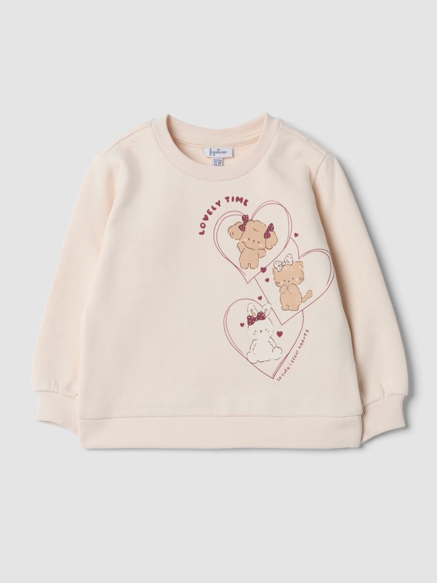 Felpa beige in puro cotone con girocollo stampata_0