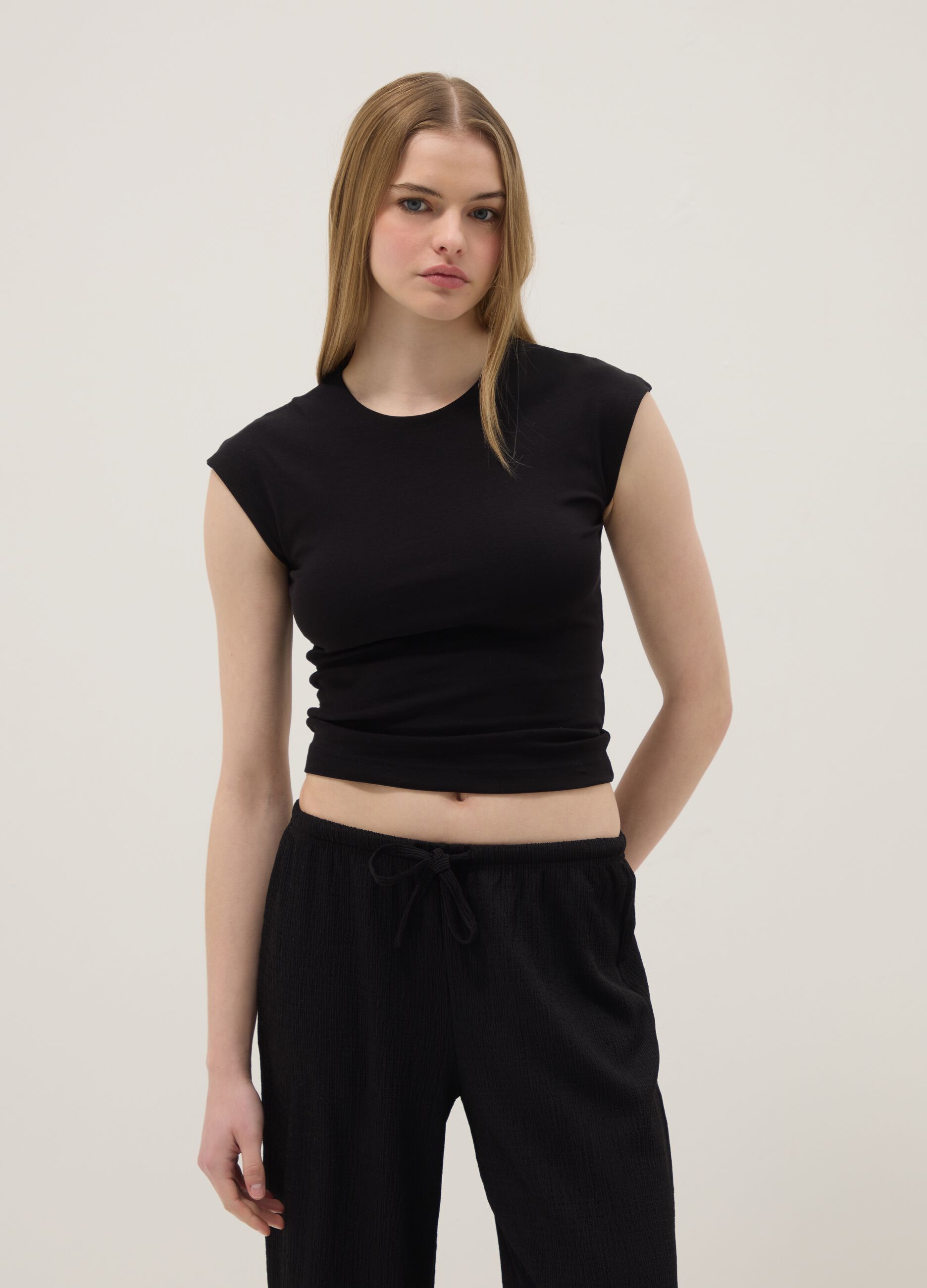 Black stretch cotton fitted tank top