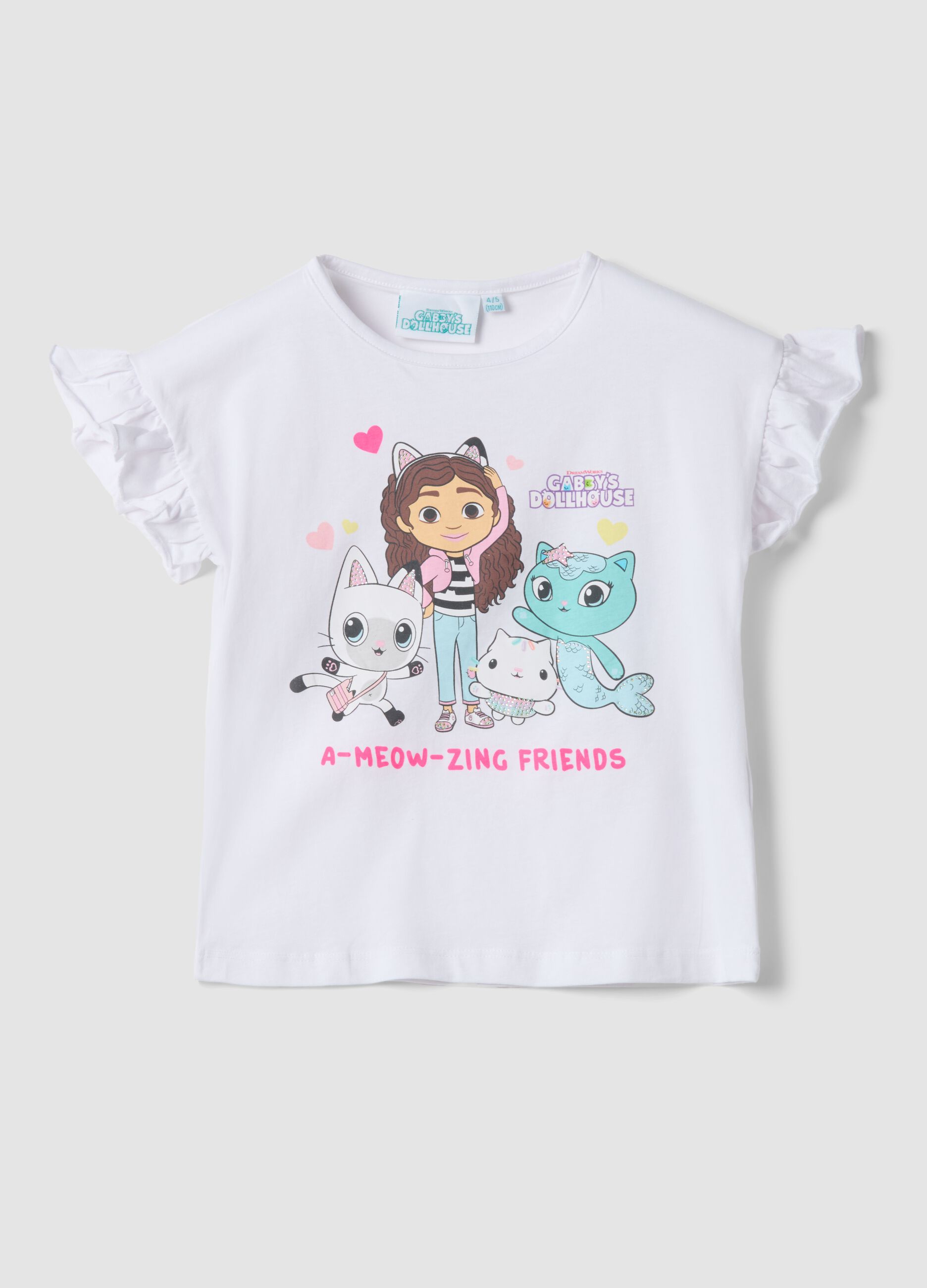 Girls' white stretch cotton T-shirt with print
