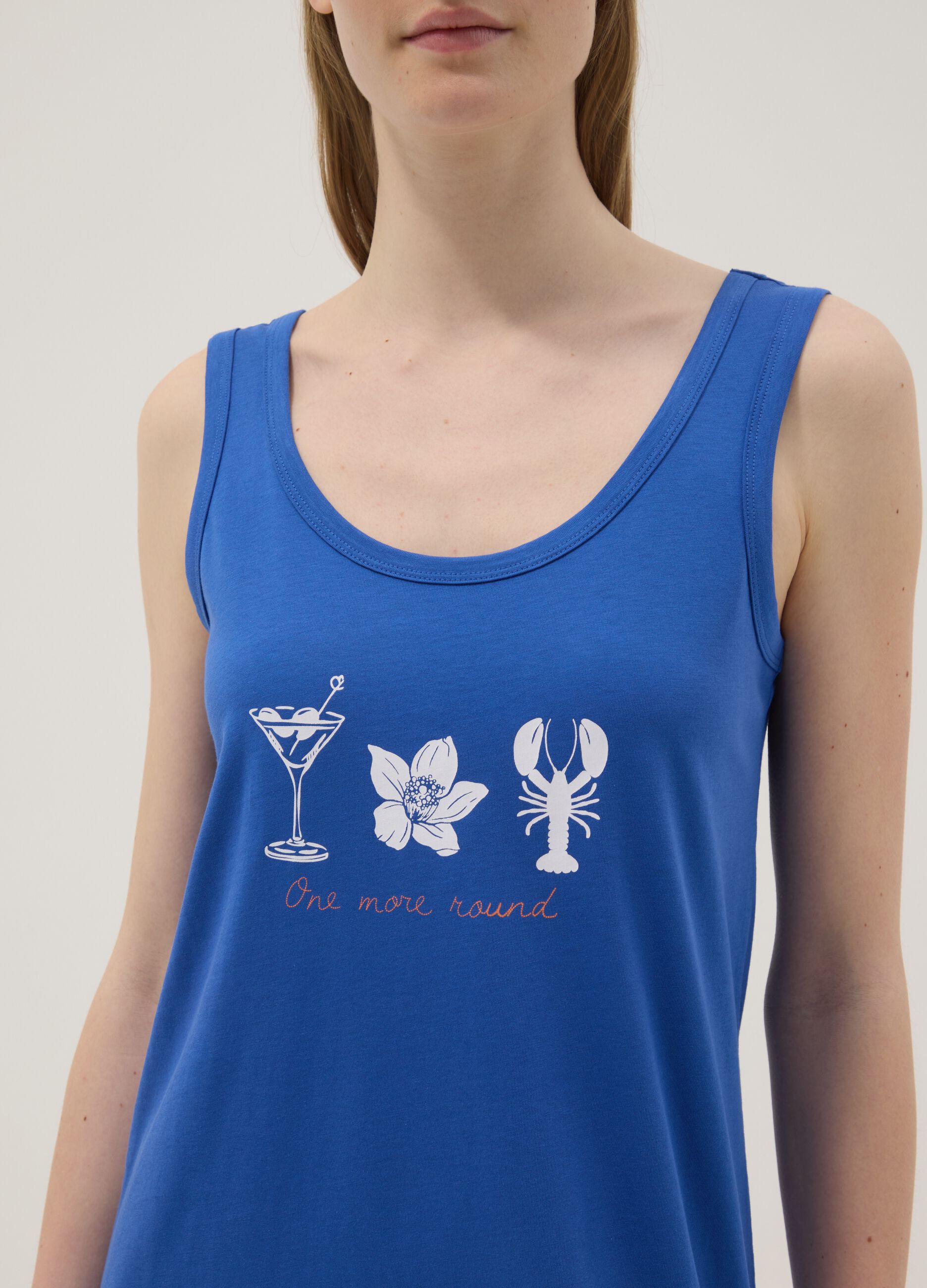 Sleeveless pure cotton blue nightdress with prints