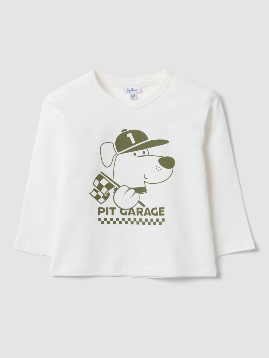 T-shirt bianca in puro cotone organico con stampa cagnolino per bimbo_0