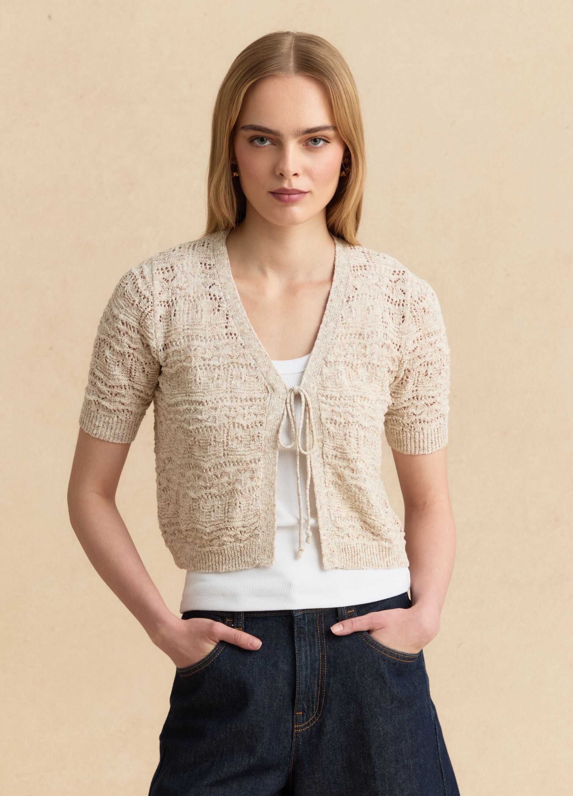 Beige crochet-style cotton and linen blend cardigan with deep V-neck, regular fit