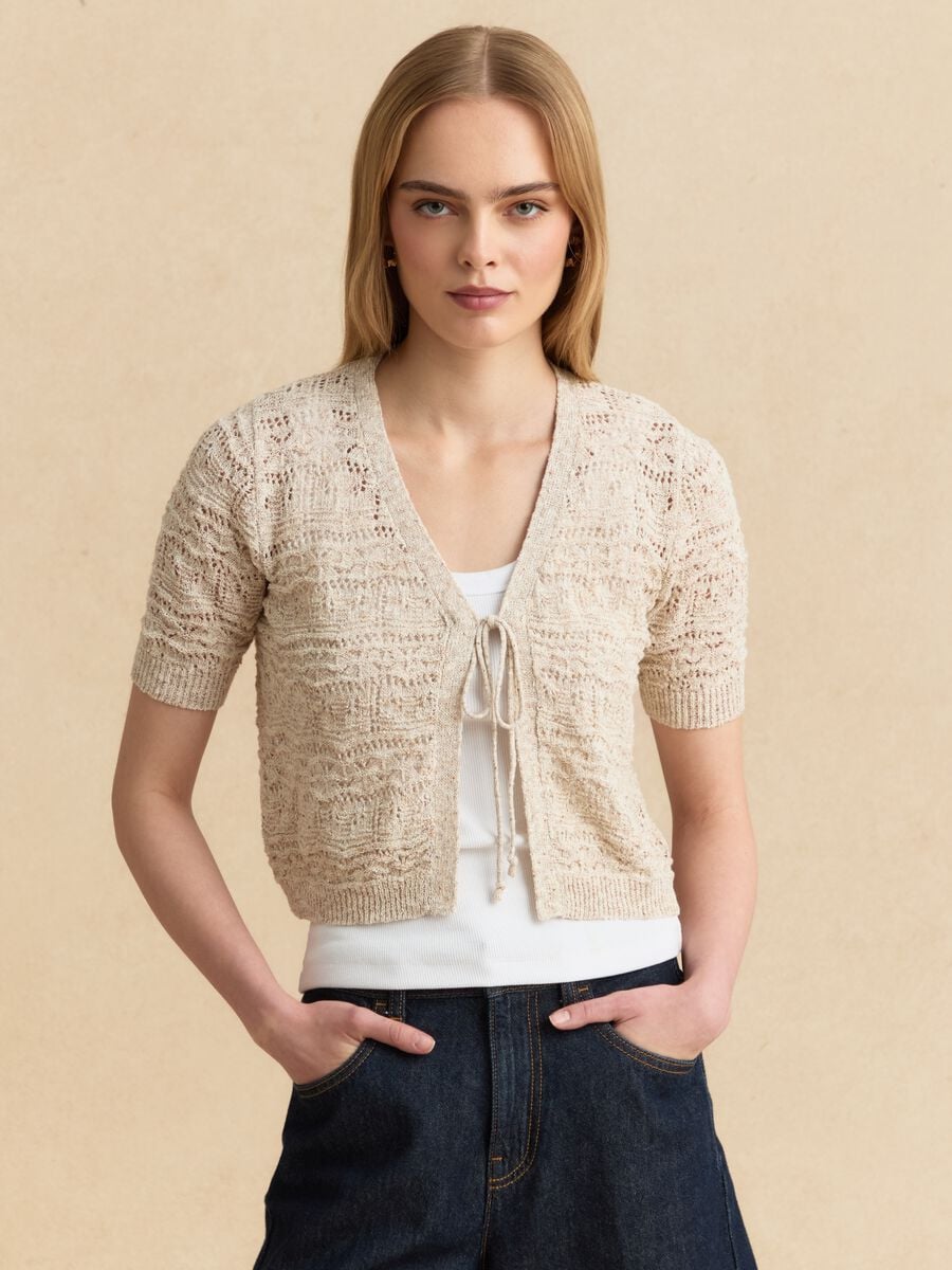 Cardigan beige in stile crochet di misto cotone e lino deep V regular fit_1
