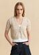 Beige crochet-style cotton and linen blend cardigan with deep V-neck, regular fit_2