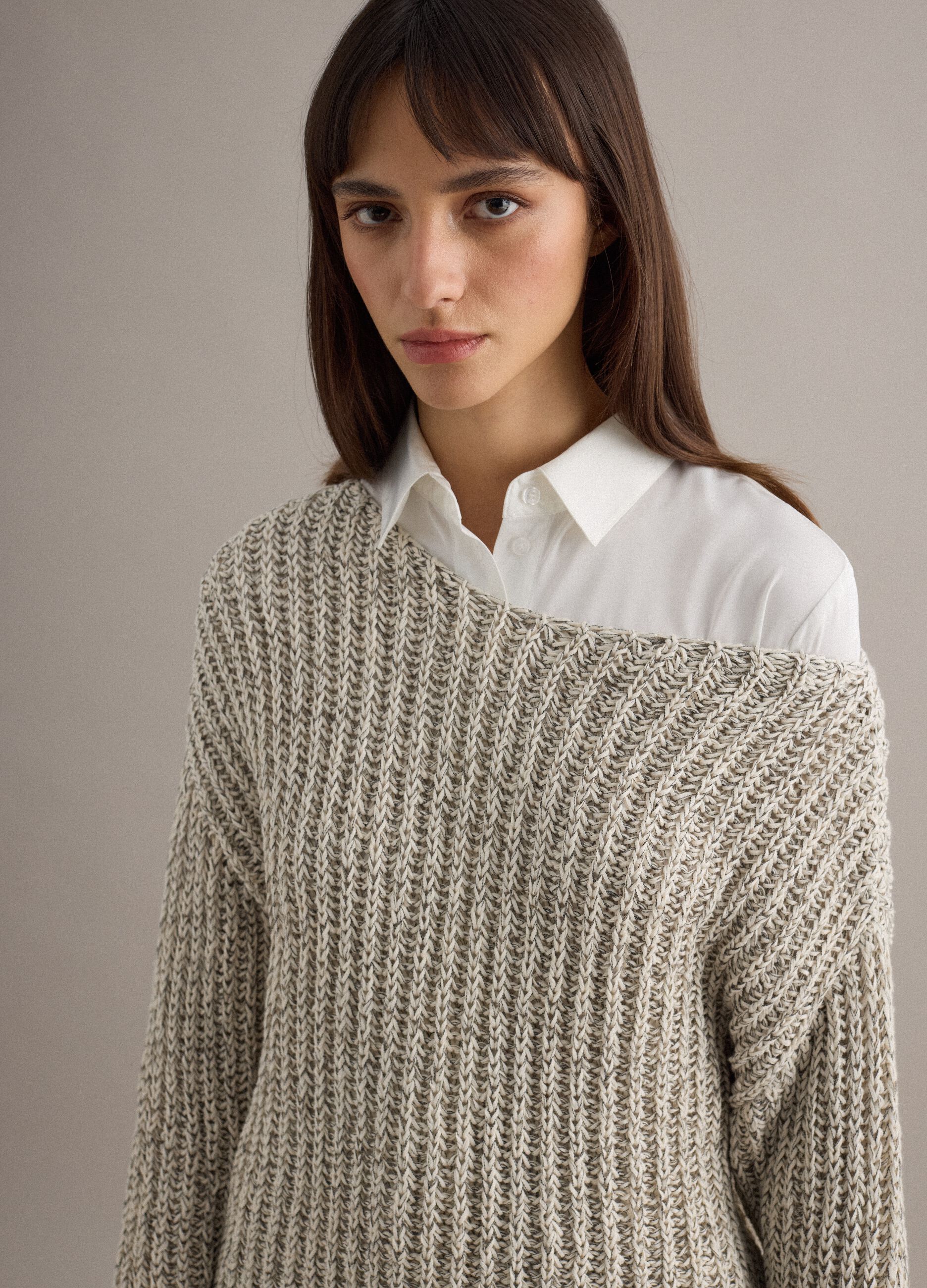 Beige cotton blend regular fit woven jumper with boat neck