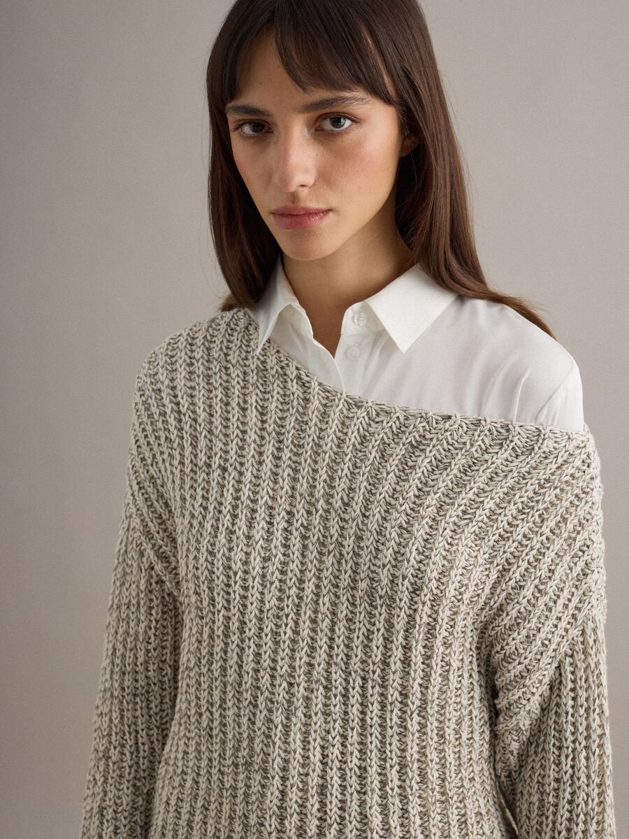 Beige cotton blend regular fit woven jumper with boat neck_0