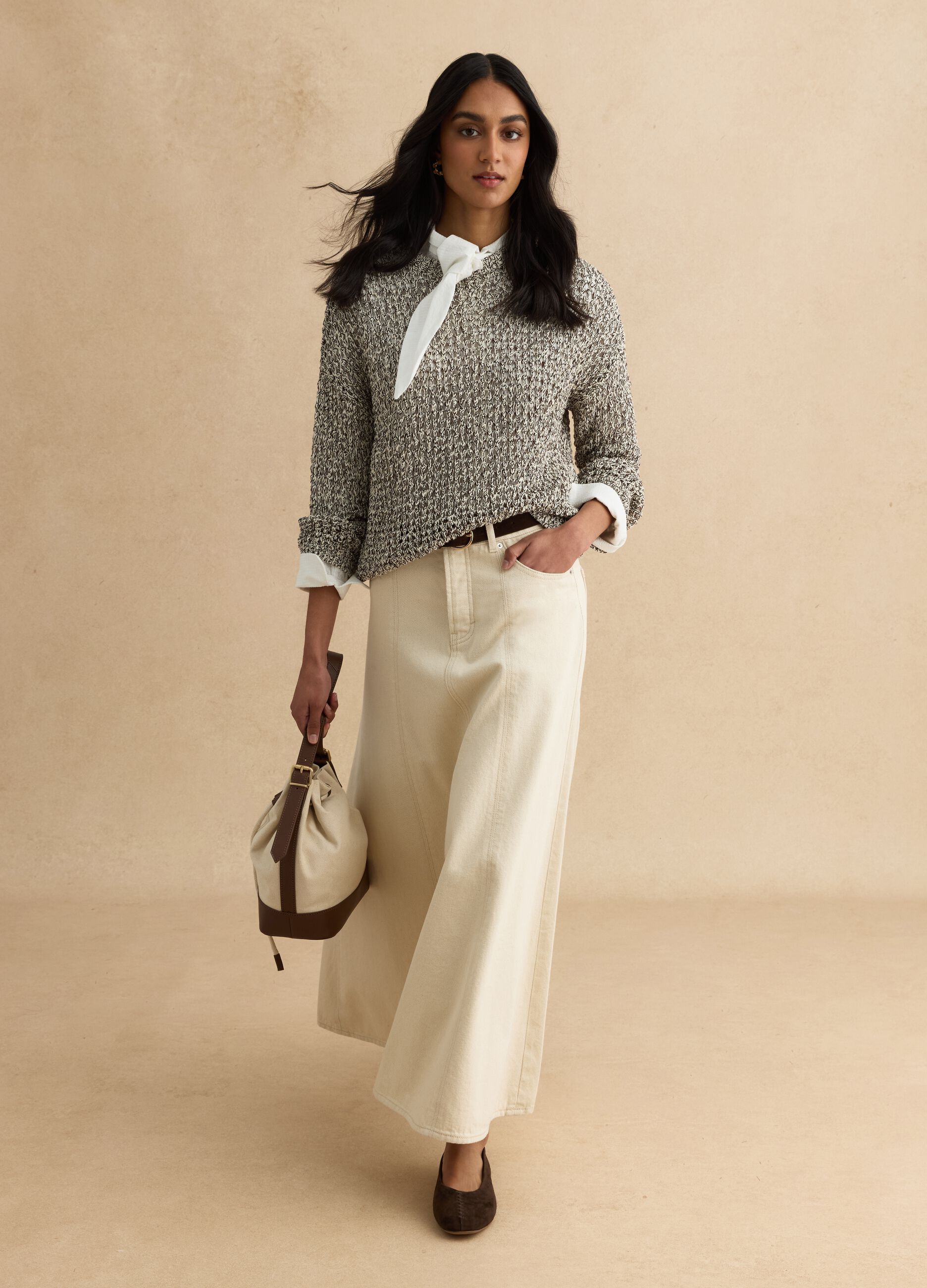 Long beige regular fit pure cotton denim skirt