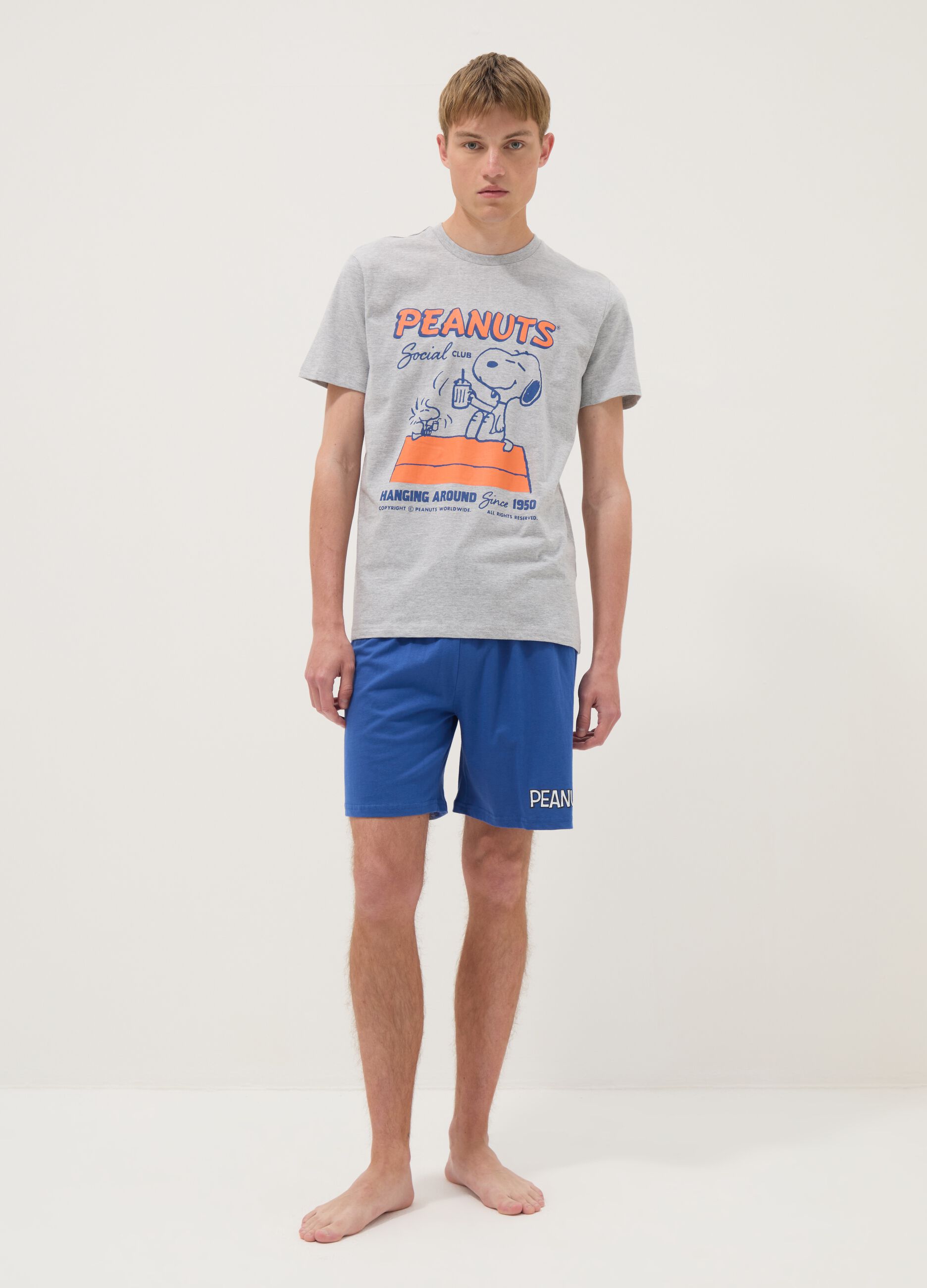 Men's grey short cotton pyjama set with Peanuts print, regular fit