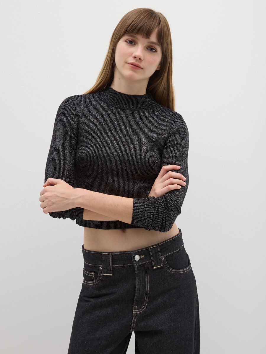 Black mock neck fitted sweater_0