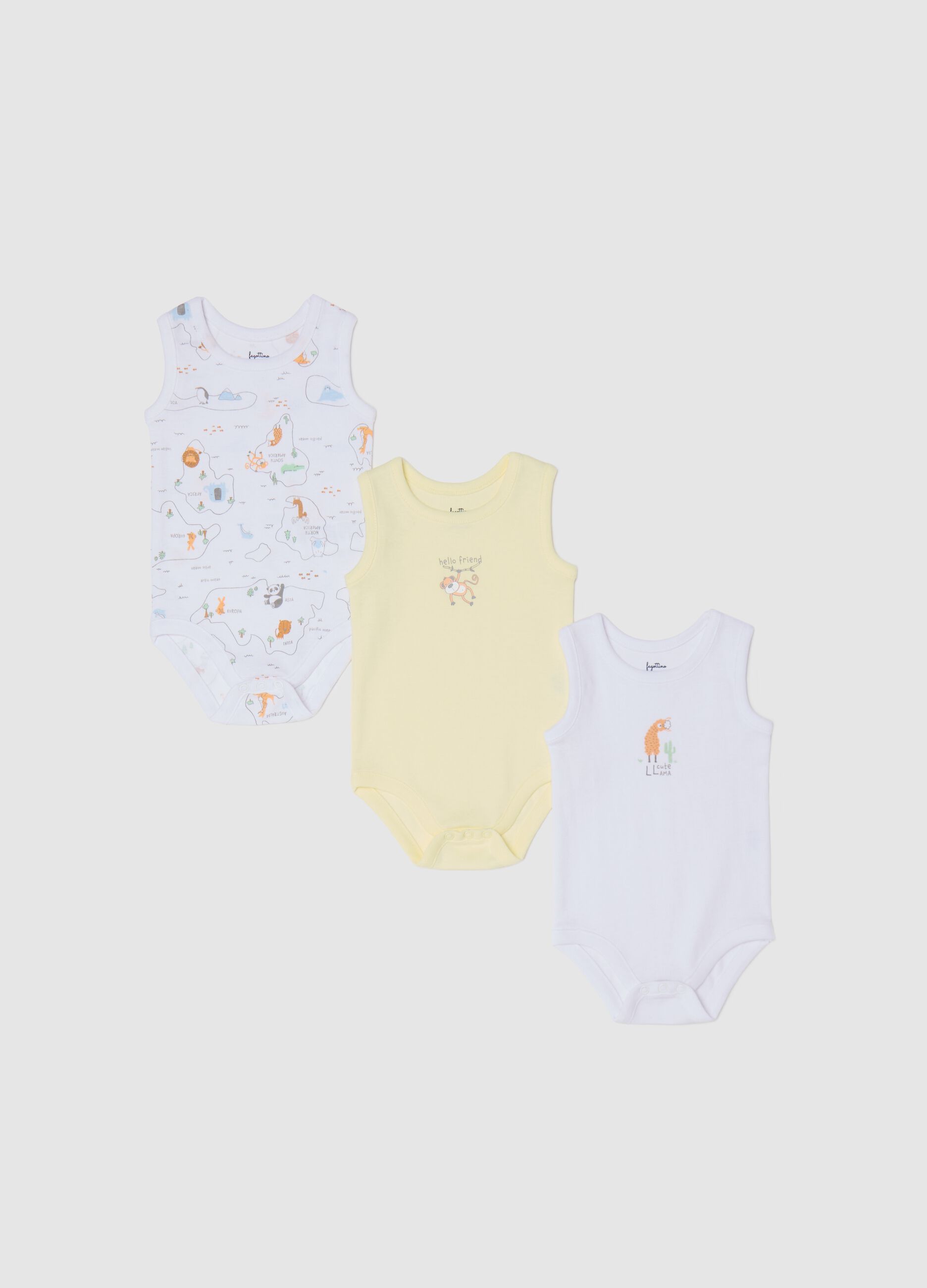 Three-pack white and yellow bodysuits in organic cotton with print