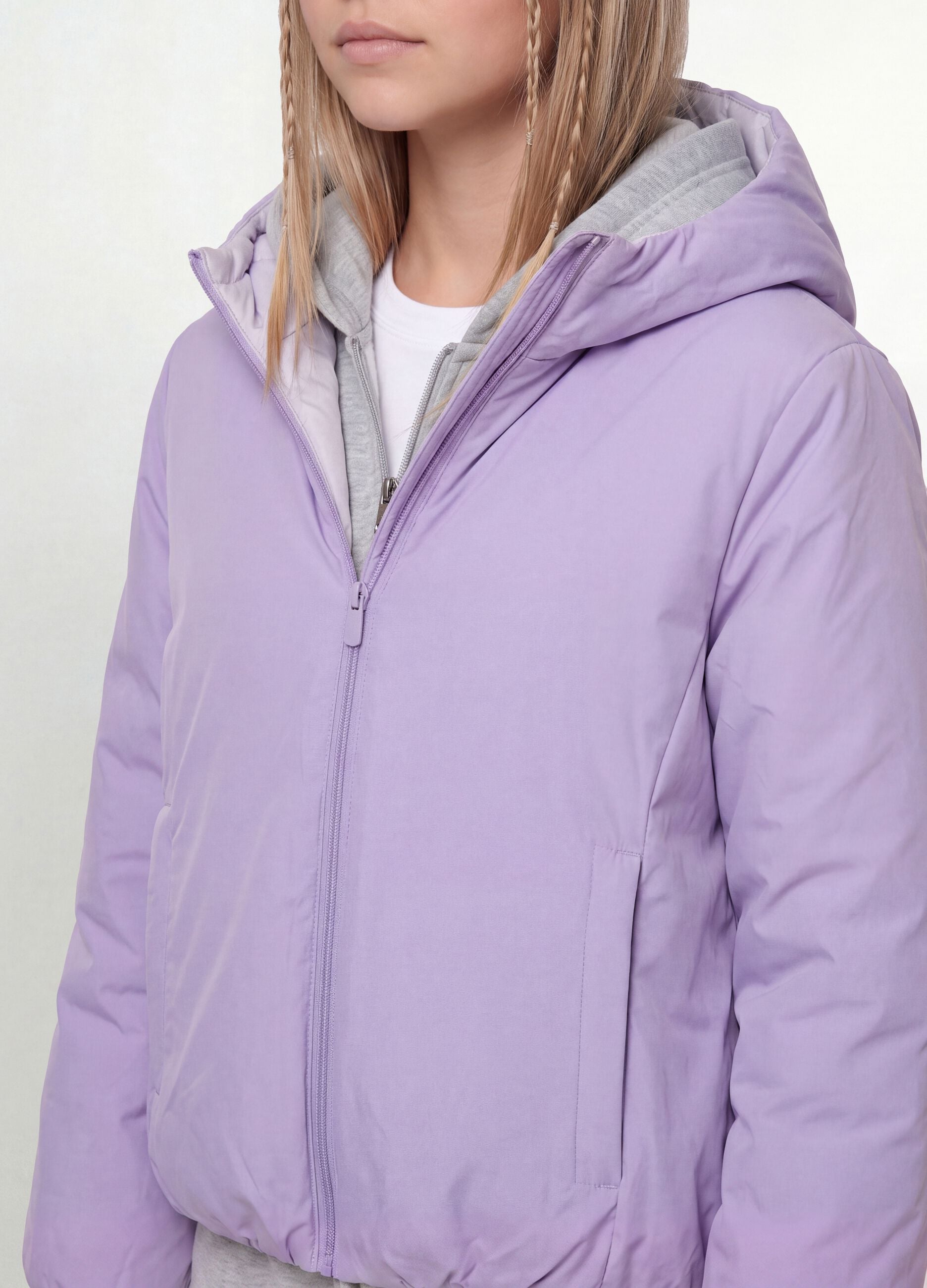 Purple reversible ultralight hooded jacket with zip for girls