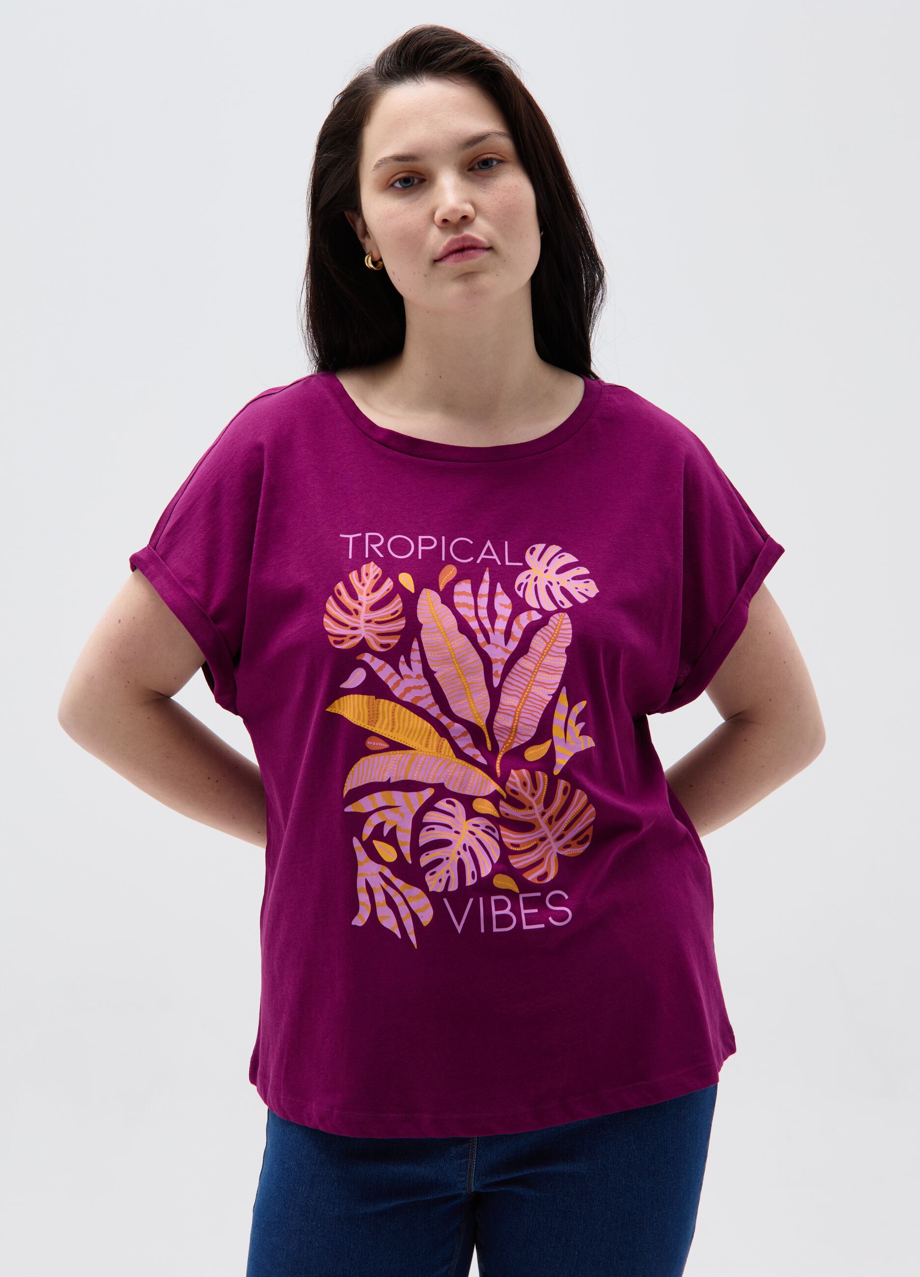 T-shirt con stampa tropicale Curvy