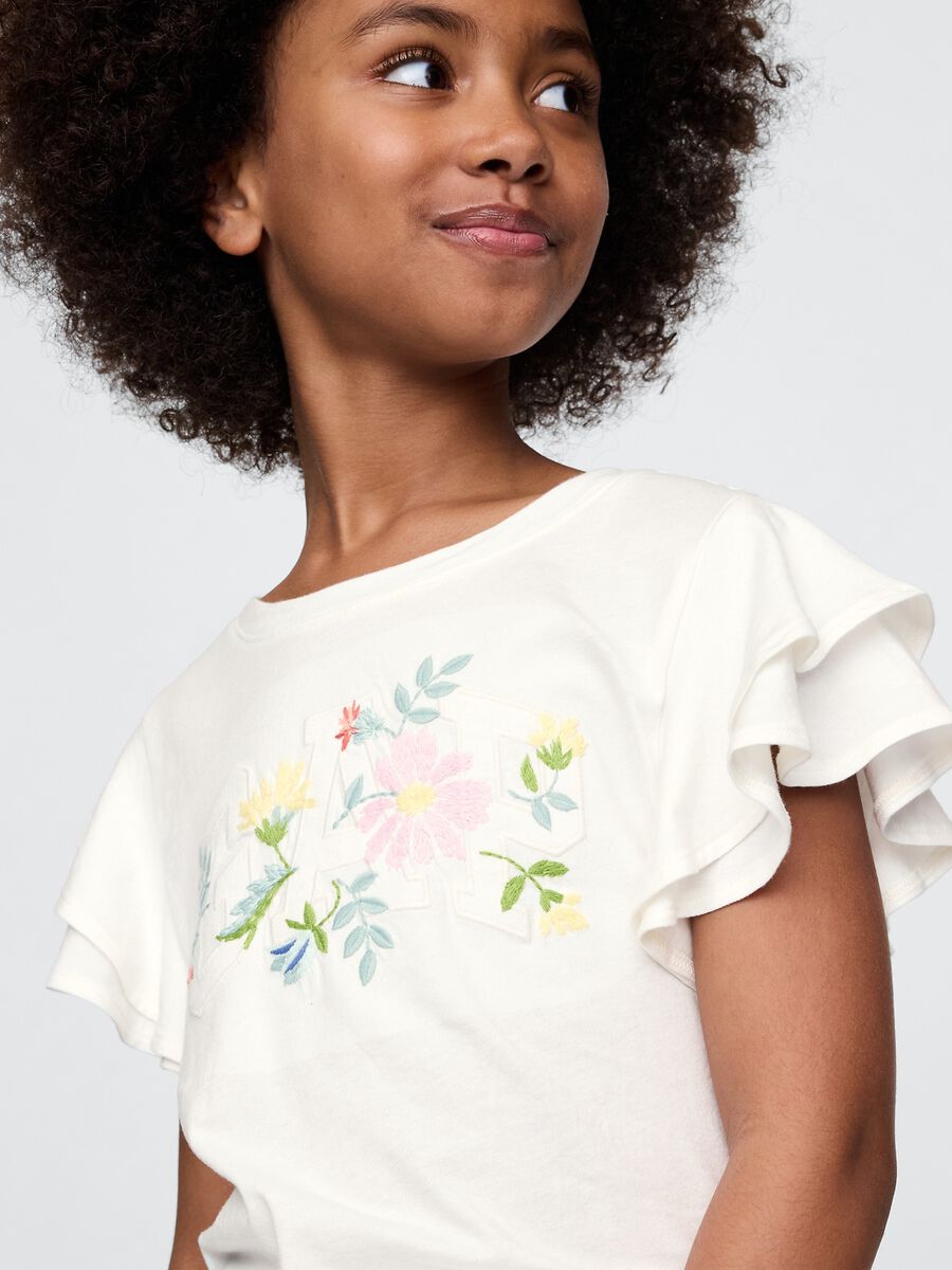 White short sleeve t-shirt with frills and floral print_2