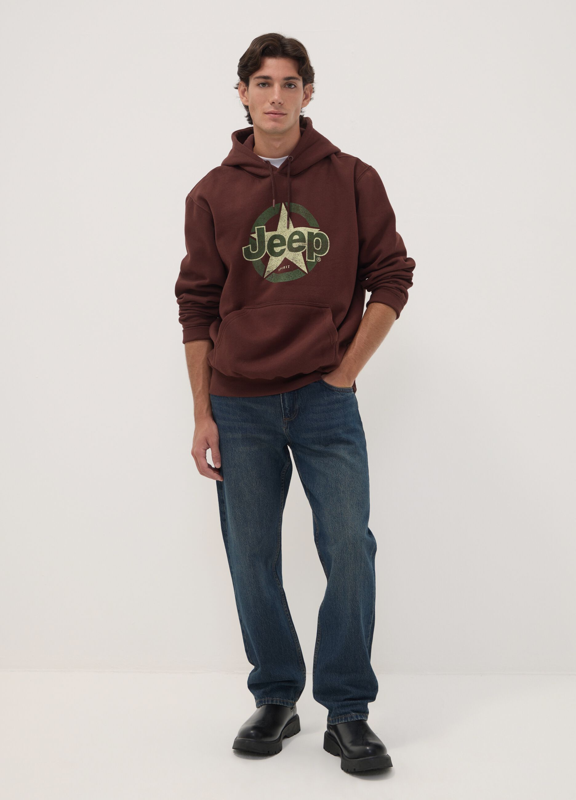Brown cotton-blend hoodie with Jeep print, relaxed fit