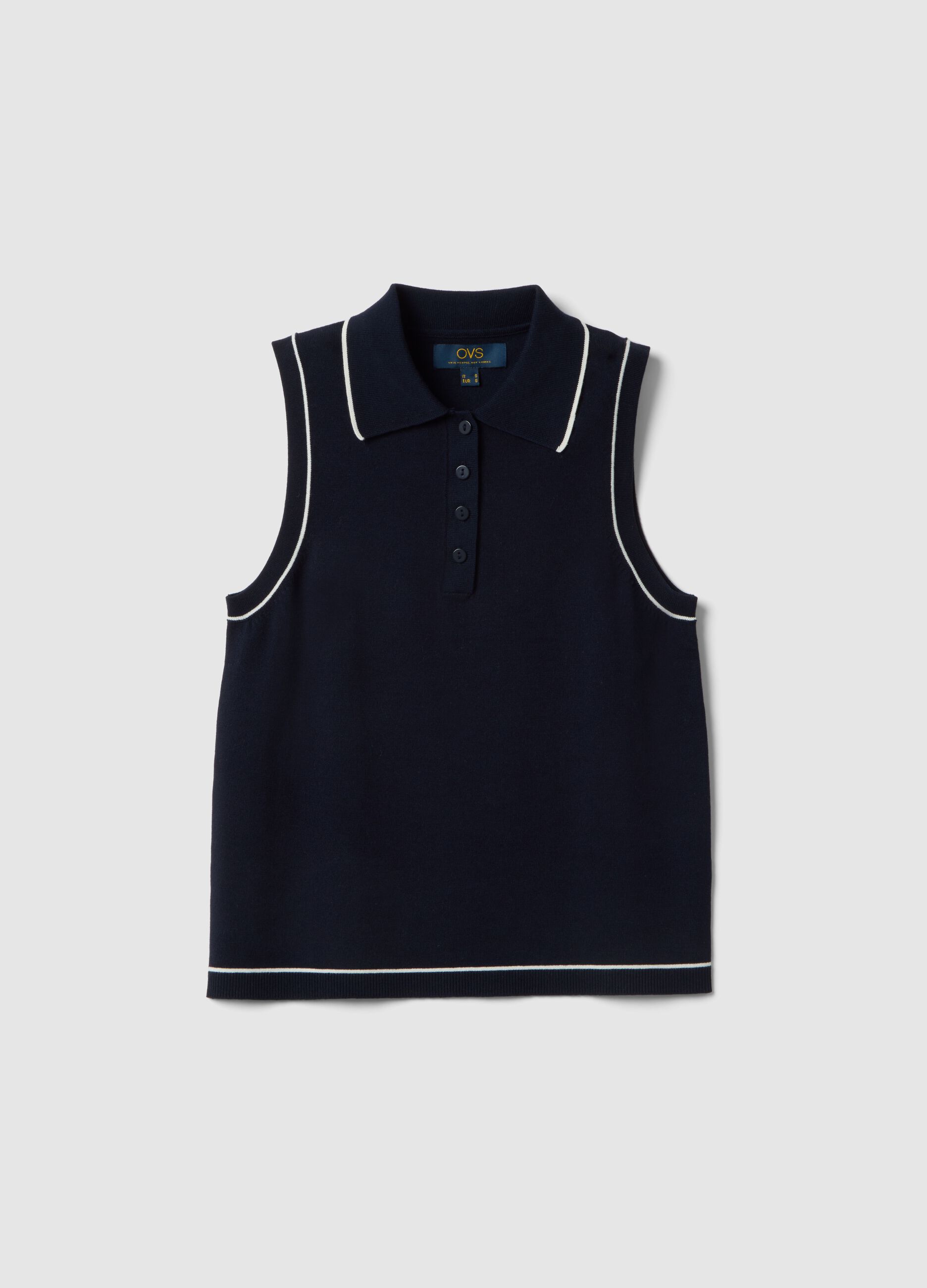 Sleeveless blue viscose blend slim fit polo with buttons