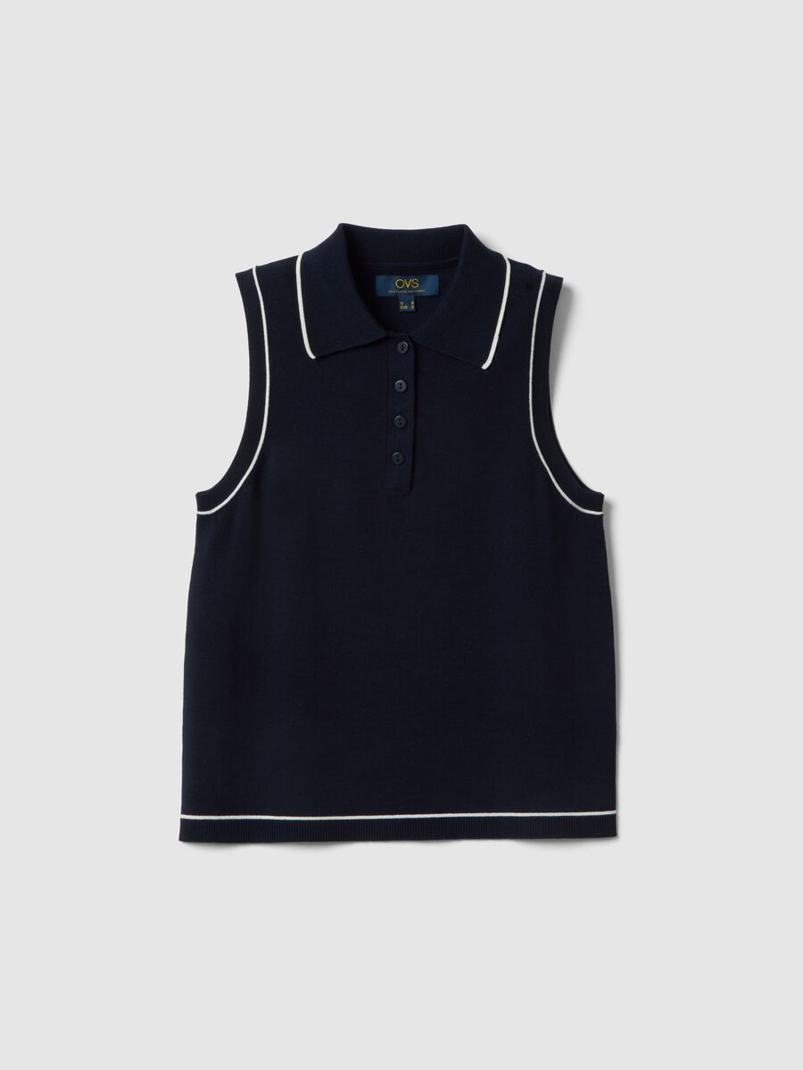 Sleeveless blue viscose blend slim fit polo with buttons_0