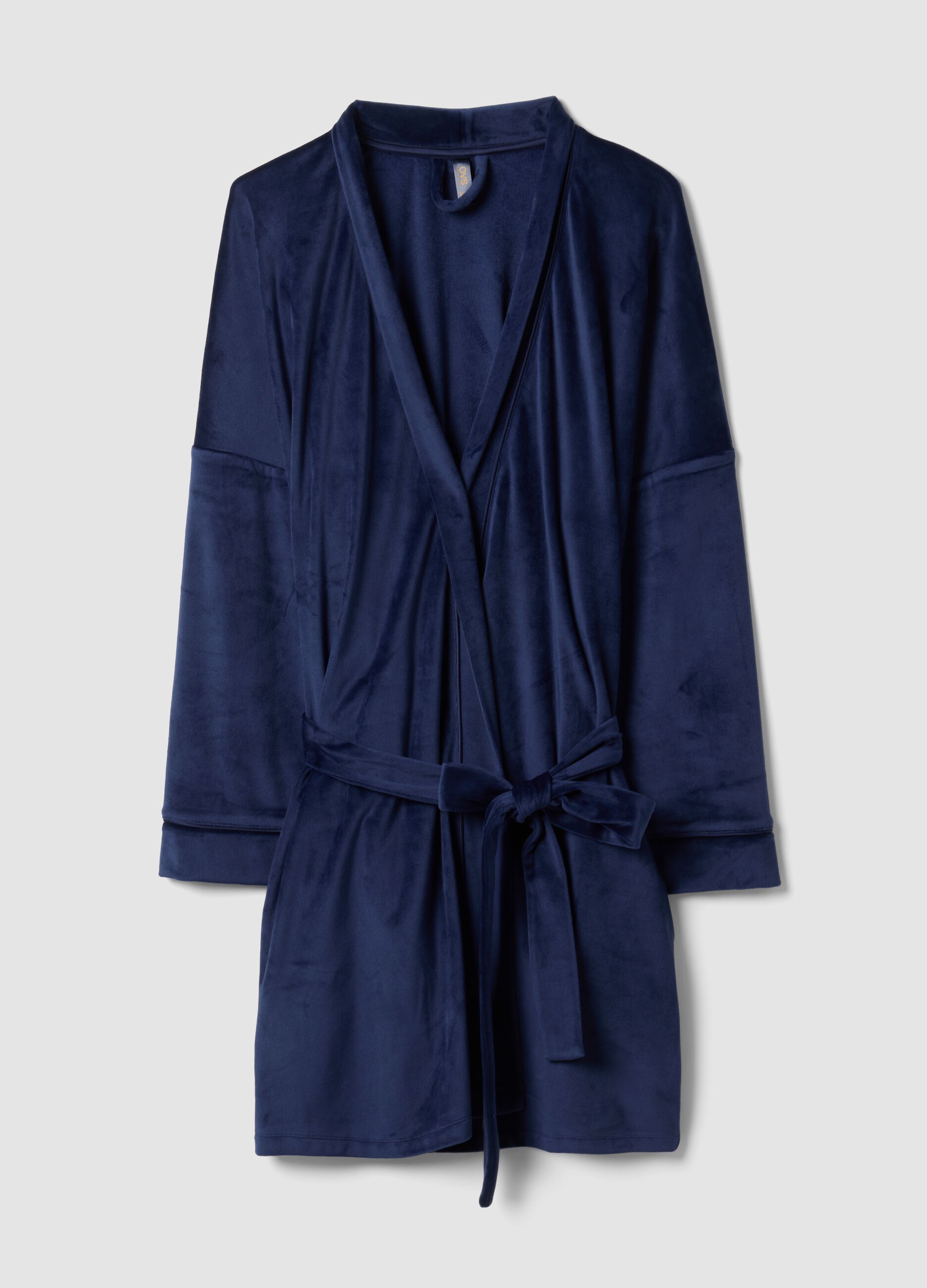 Blue stretch-fabric dressing gown with belt
