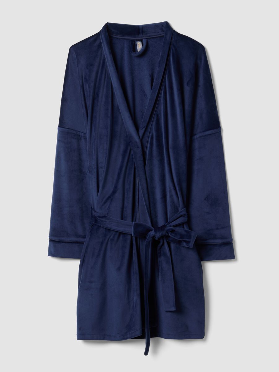 Blue stretch-fabric dressing gown with belt_0