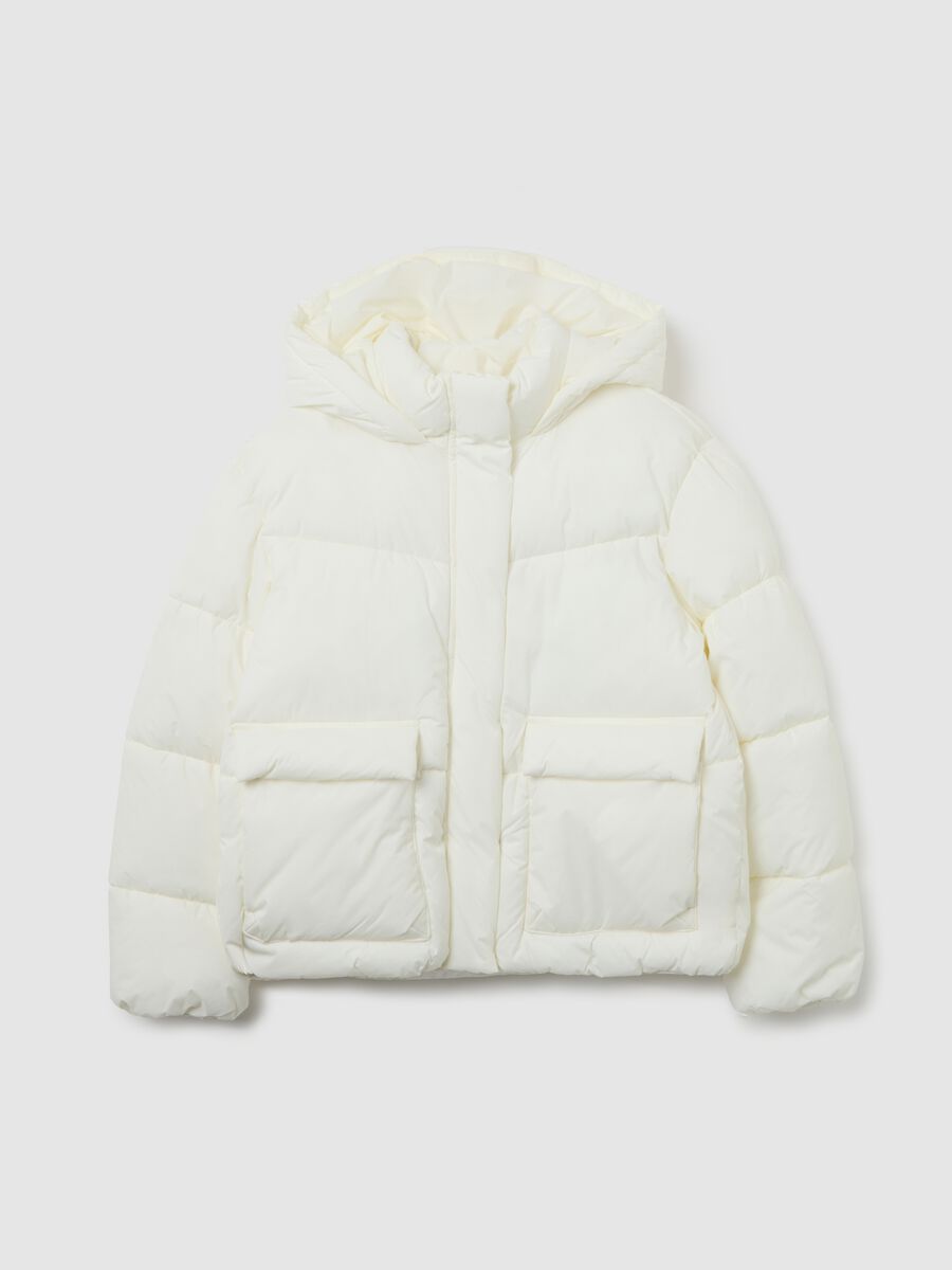 White Iconic Puffer Girls' Jacket with Hood_0