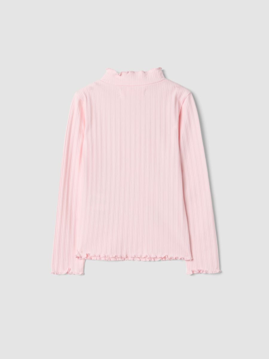 T-shirt rosa in cotone elasticizzato a collo rialzato con ricami decorativi_1