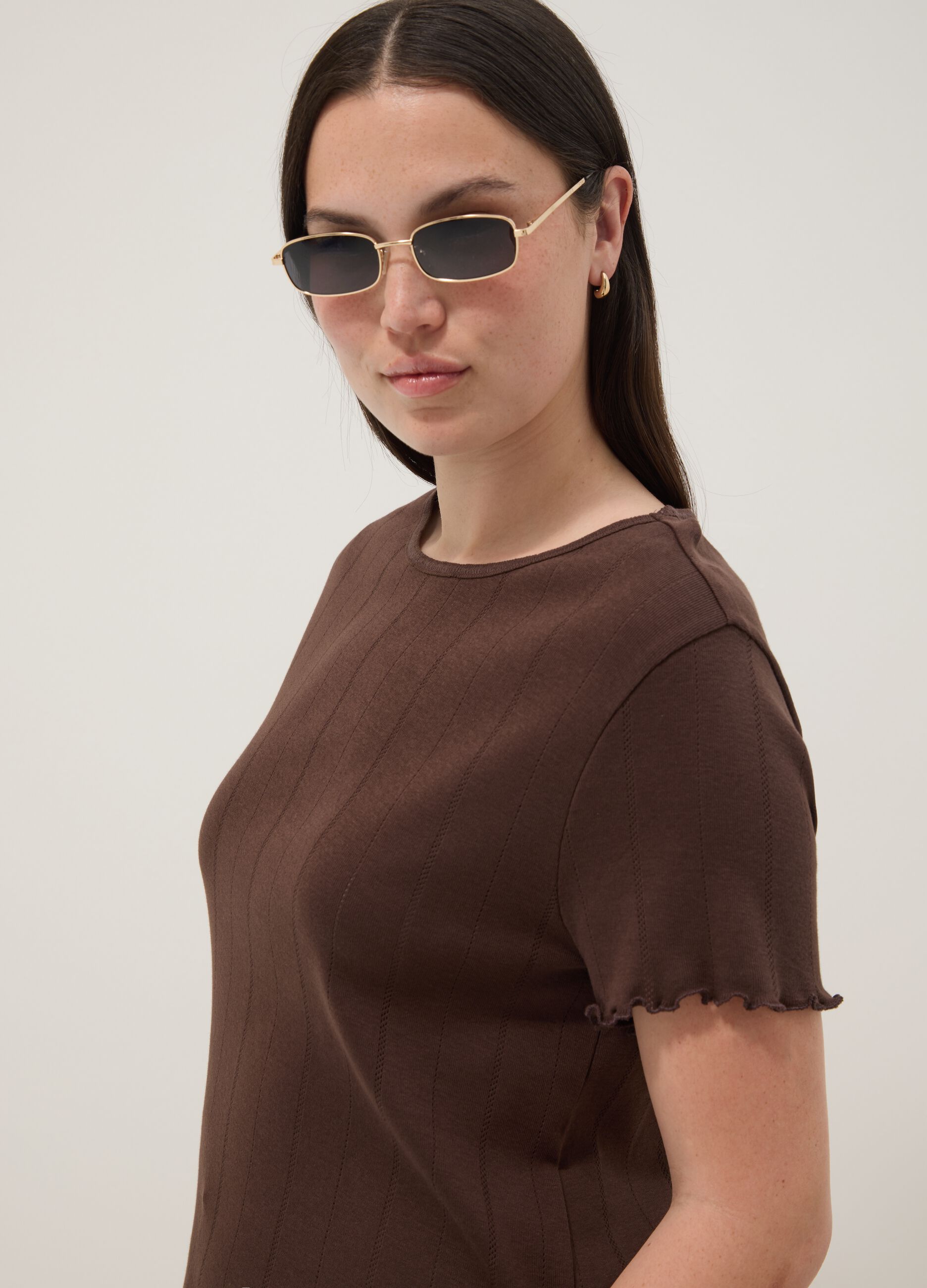 T-shirt in puro cotone marrone a righe regular fit