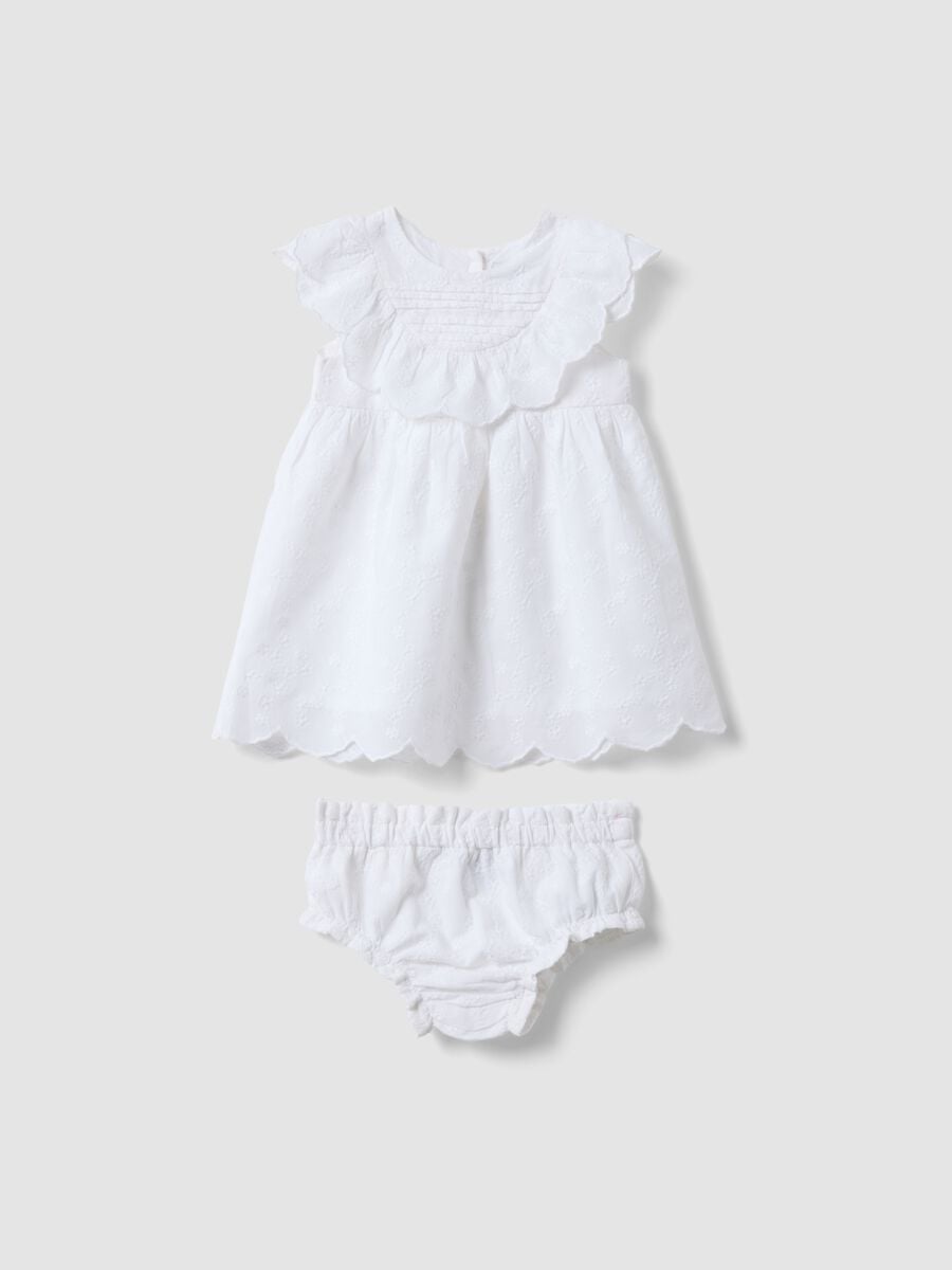Completo bianco in puro cotone con abito e culotte_0