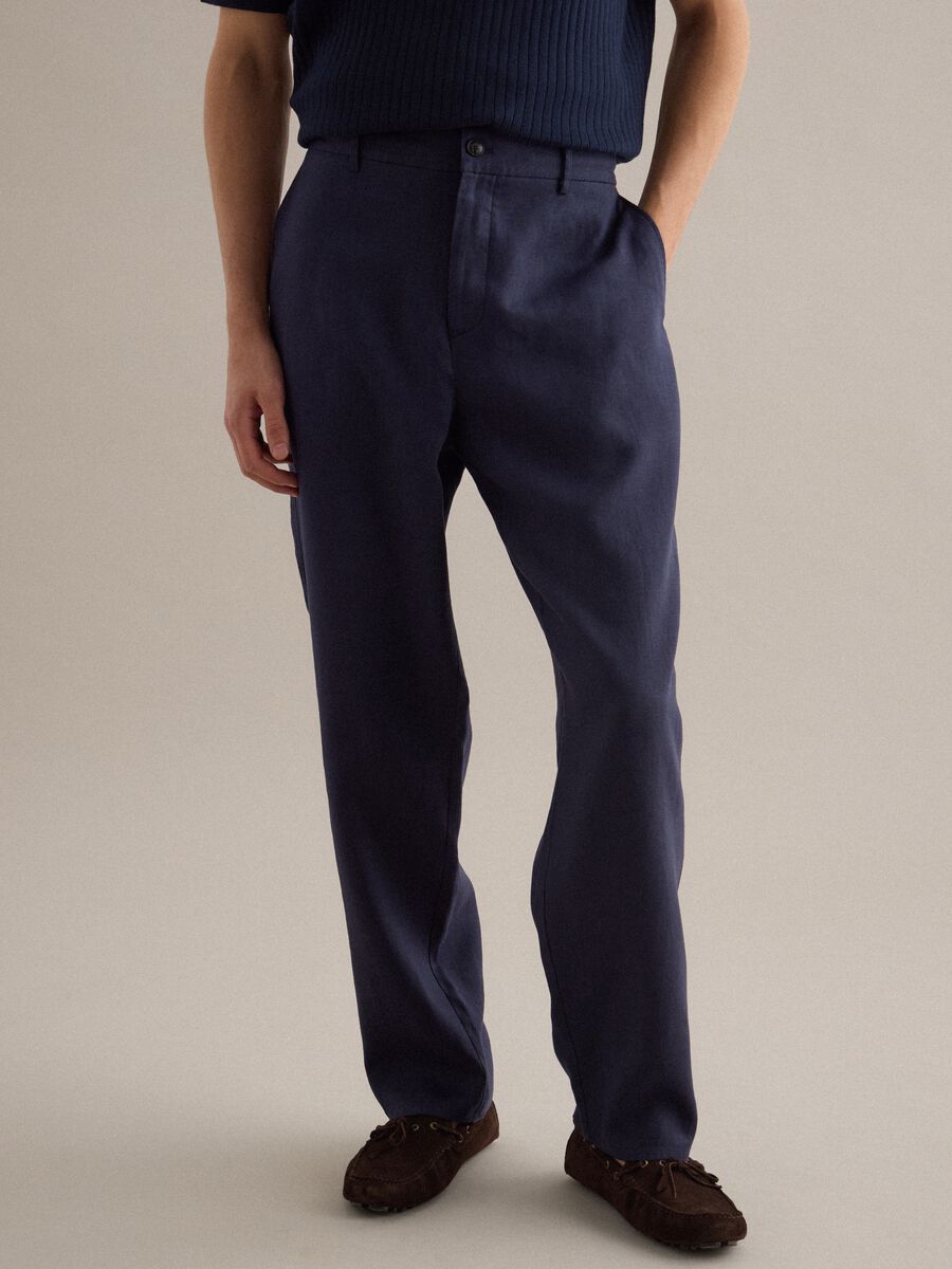 Pantaloni in puro lino blu regular fit_1