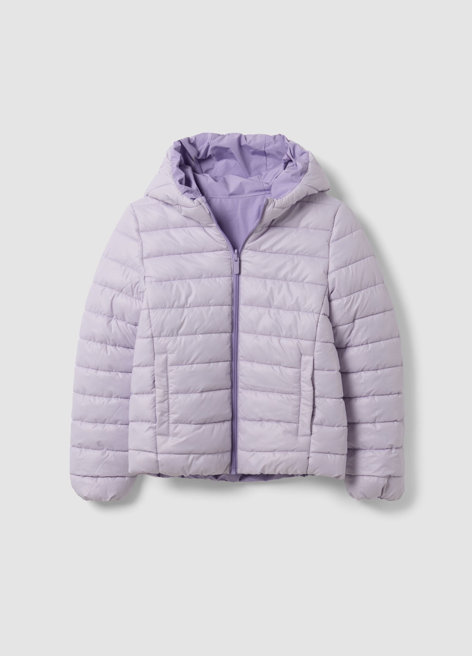 Purple reversible ultralight hooded jacket with zip for girls