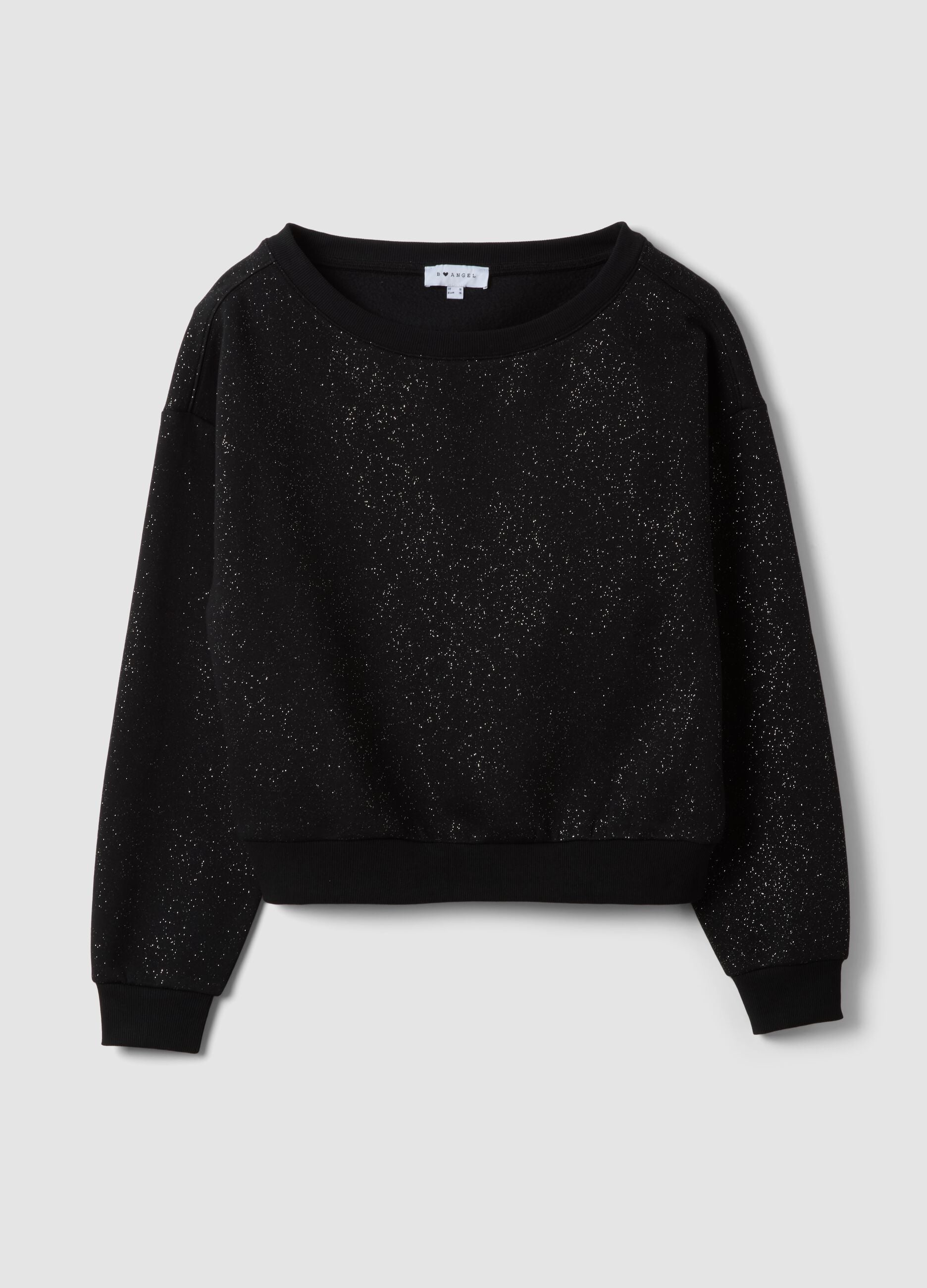 Black cotton-blend sweatshirt with bateau neckline and glitter