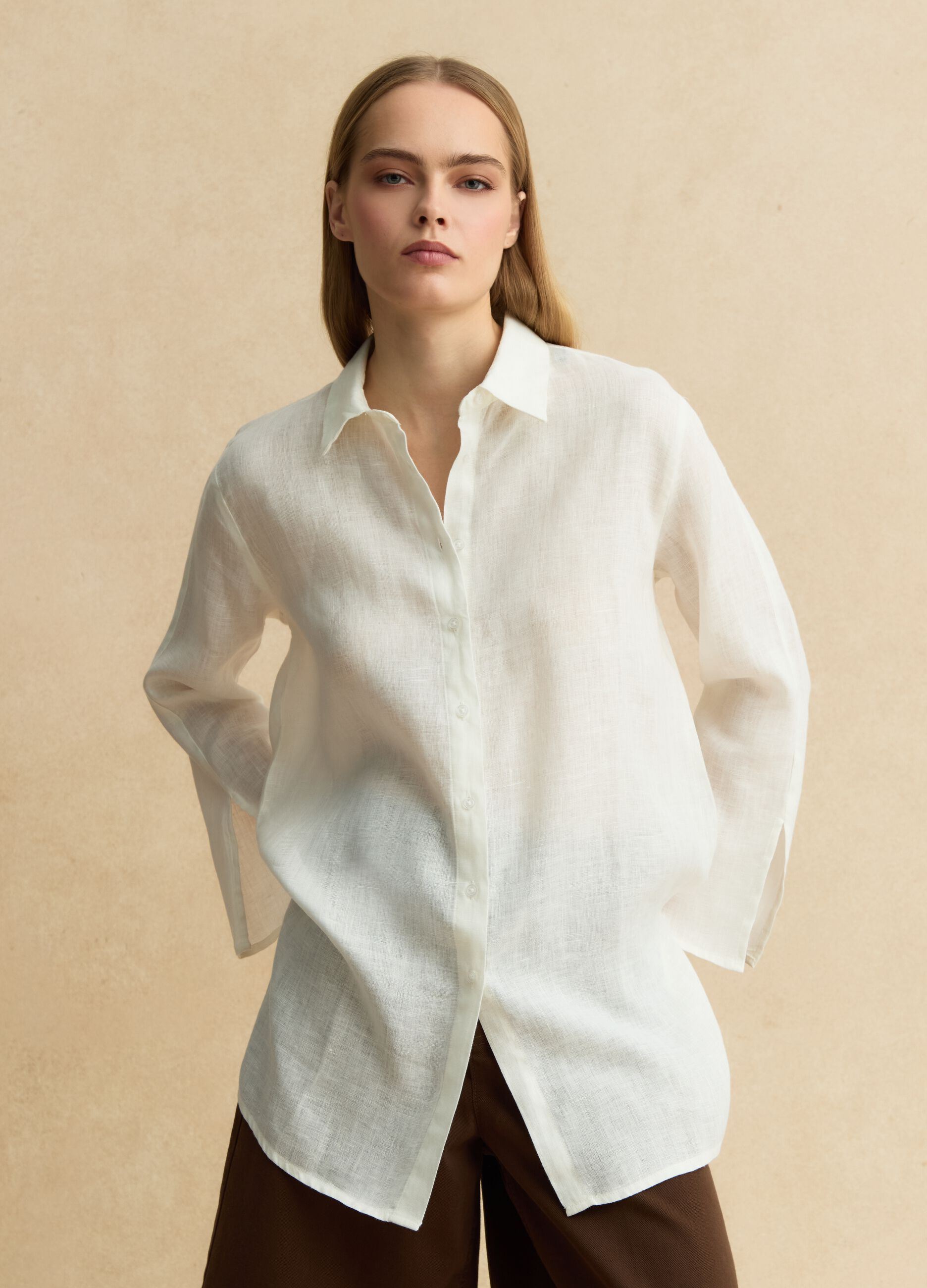 White pure linen shirt with oversized fit