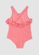 Pink stretch-fabric one-piece swimsuit for baby girls with floral detailing_1