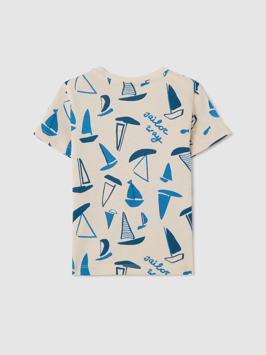 Ecru cotton T-shirt with sailing boats print_1