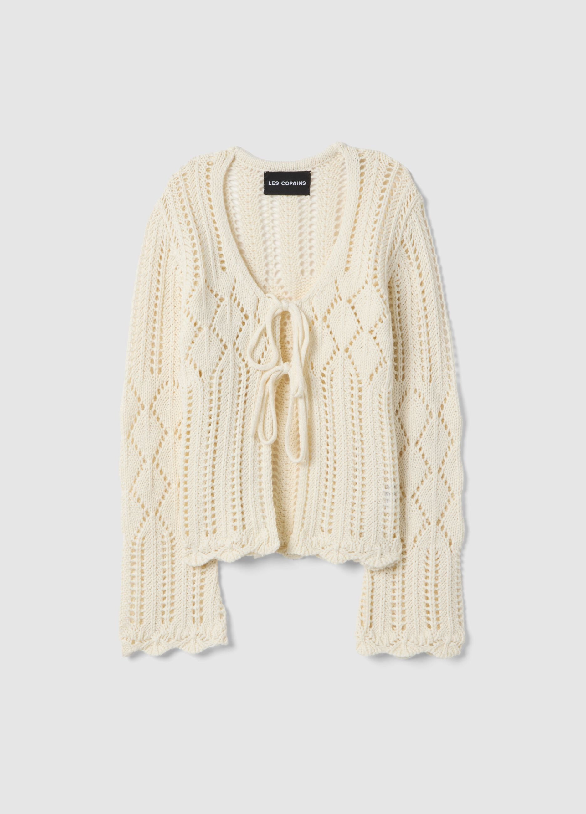 White Cotton Lace Cardigan Regular Fit Deep V