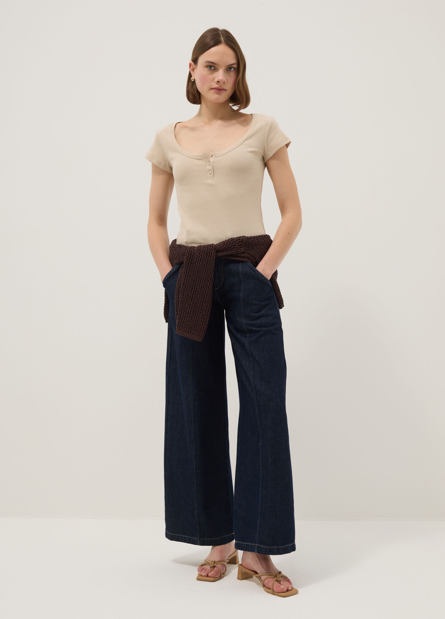 Beige pure cotton T-shirt regular fit with deep Henley neckline