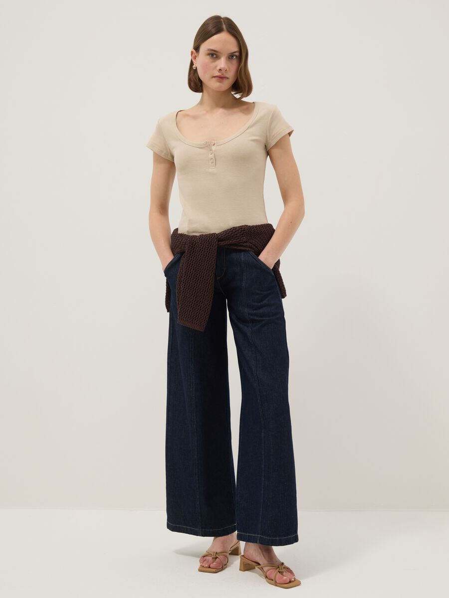 Beige pure cotton T-shirt regular fit with deep Henley neckline_1