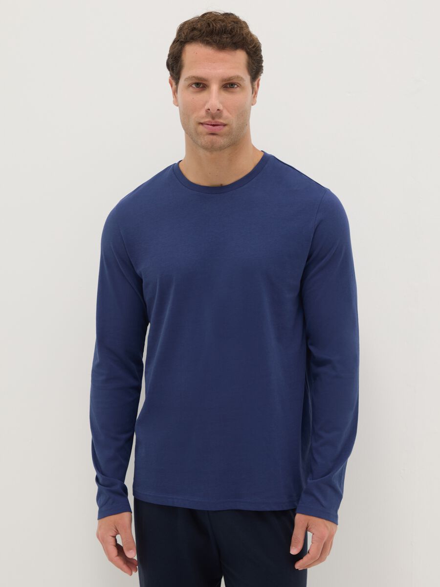 Blue crew neck long sleeve pyjama in pure cotton regular fit_1