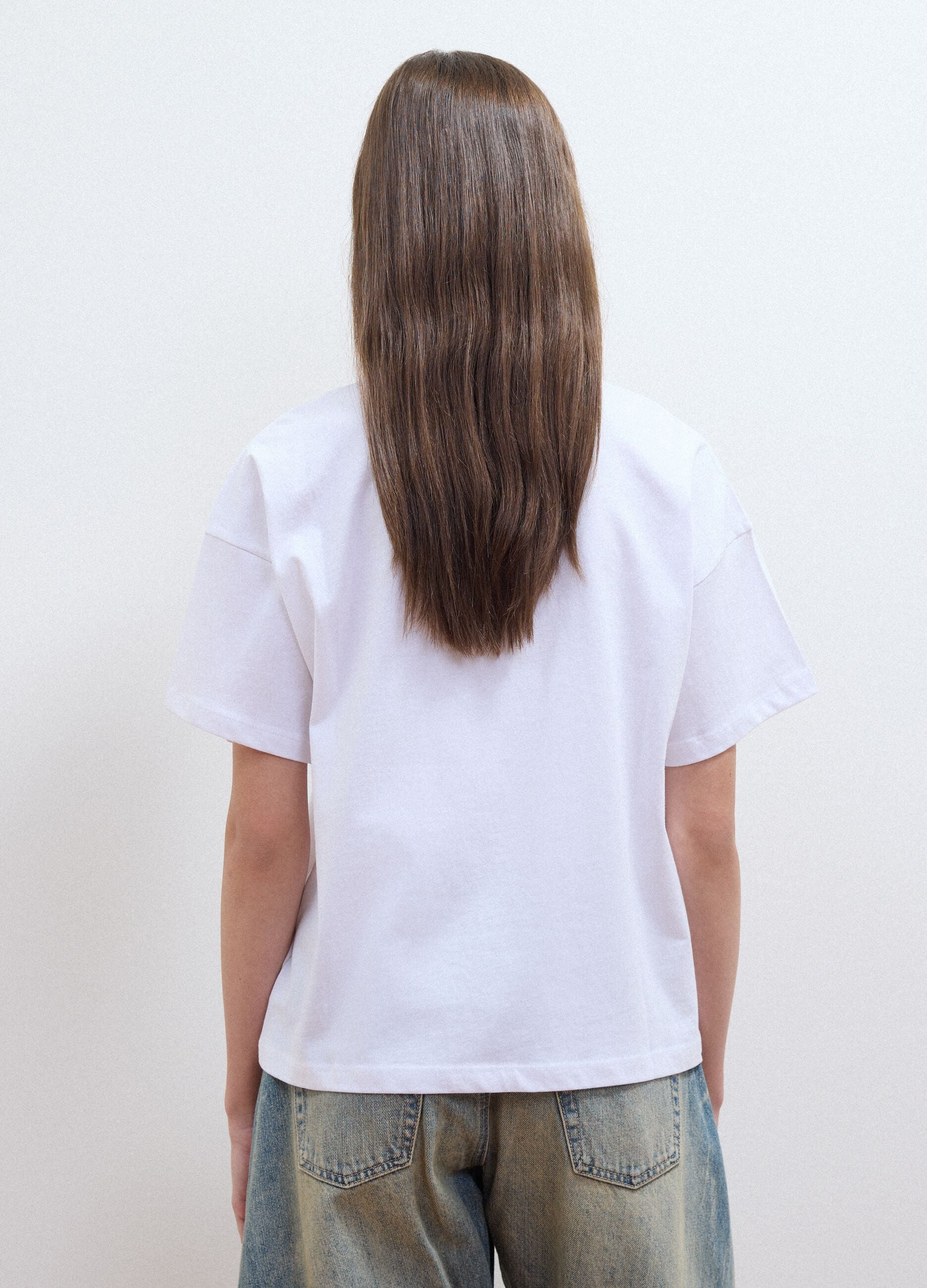 White pure cotton T-shirt with floral print, regular fit